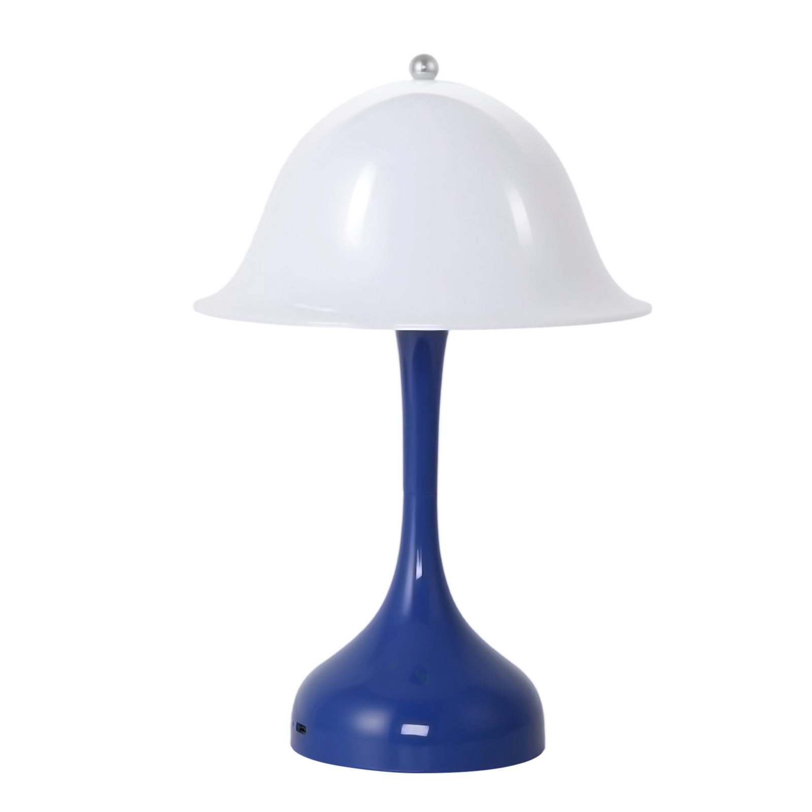 Una lampada blu con paralume bianco su sfondo bianco.