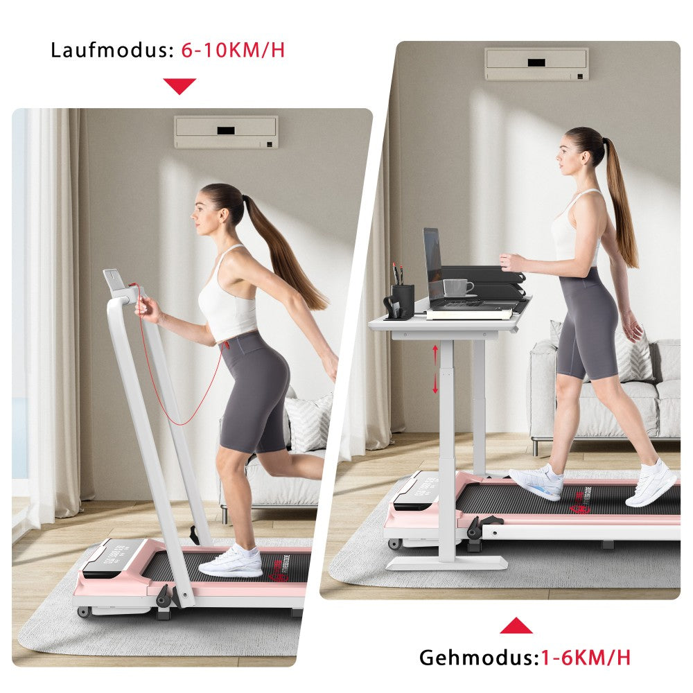 Kobieta biegnie na bieżni (6-10 km/h) i idzie na bieżni z laptopem (1-6 km/h).