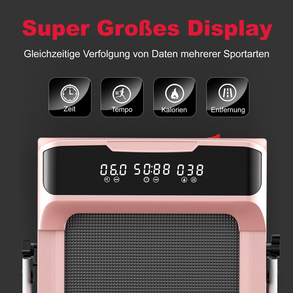 Różowa bieżnia z dużym wyświetlaczem pokazuje czas, tempo, kalorie, dystans.
