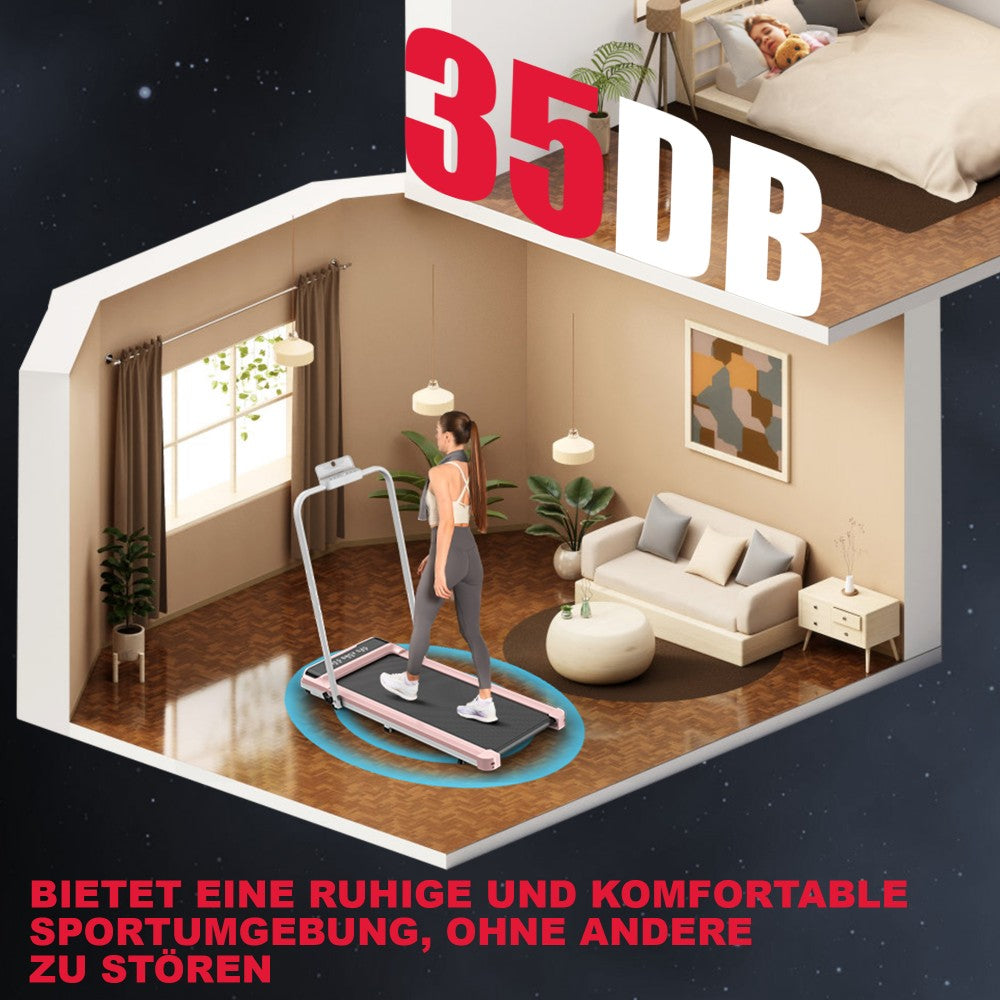 Kobieta biegnie na bieżni w salonie. Nad nimi osoba śpi w łóżku.