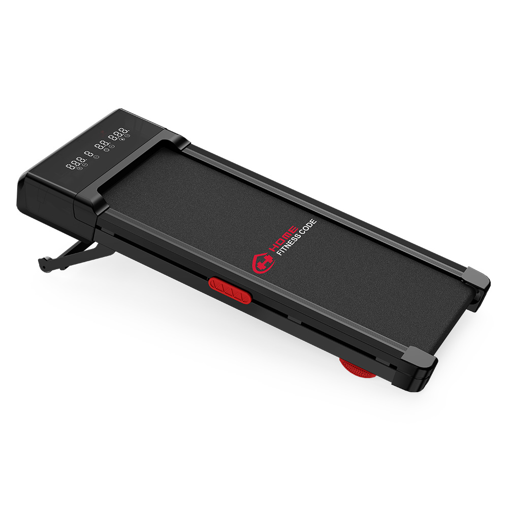 Kompaktowa czarna bieżnia z czerwonym logo i ekranem.
