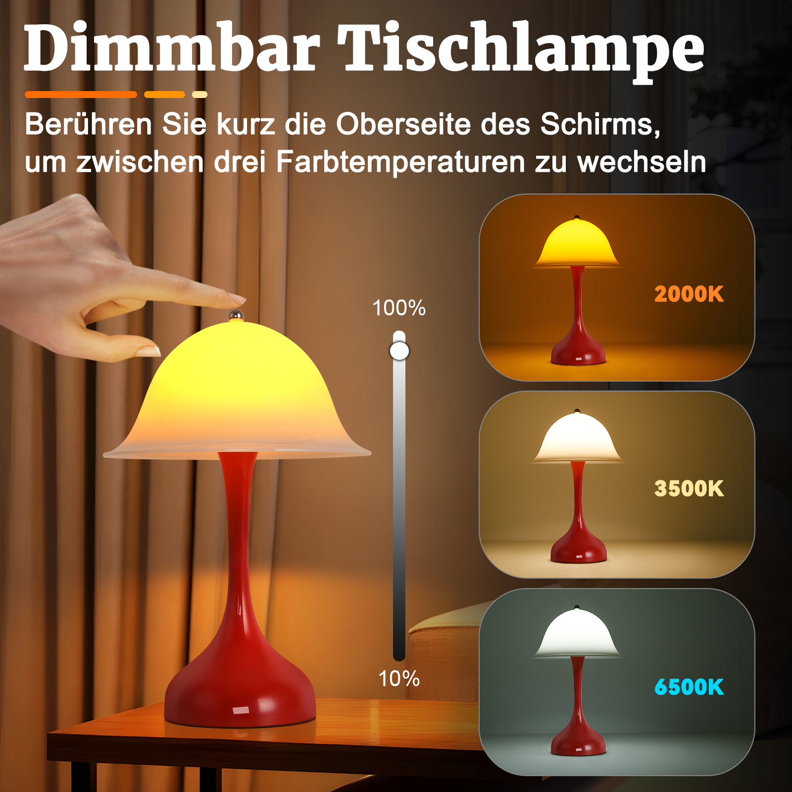 Una lampada rossa con luminosità e temperatura colore regolabili.