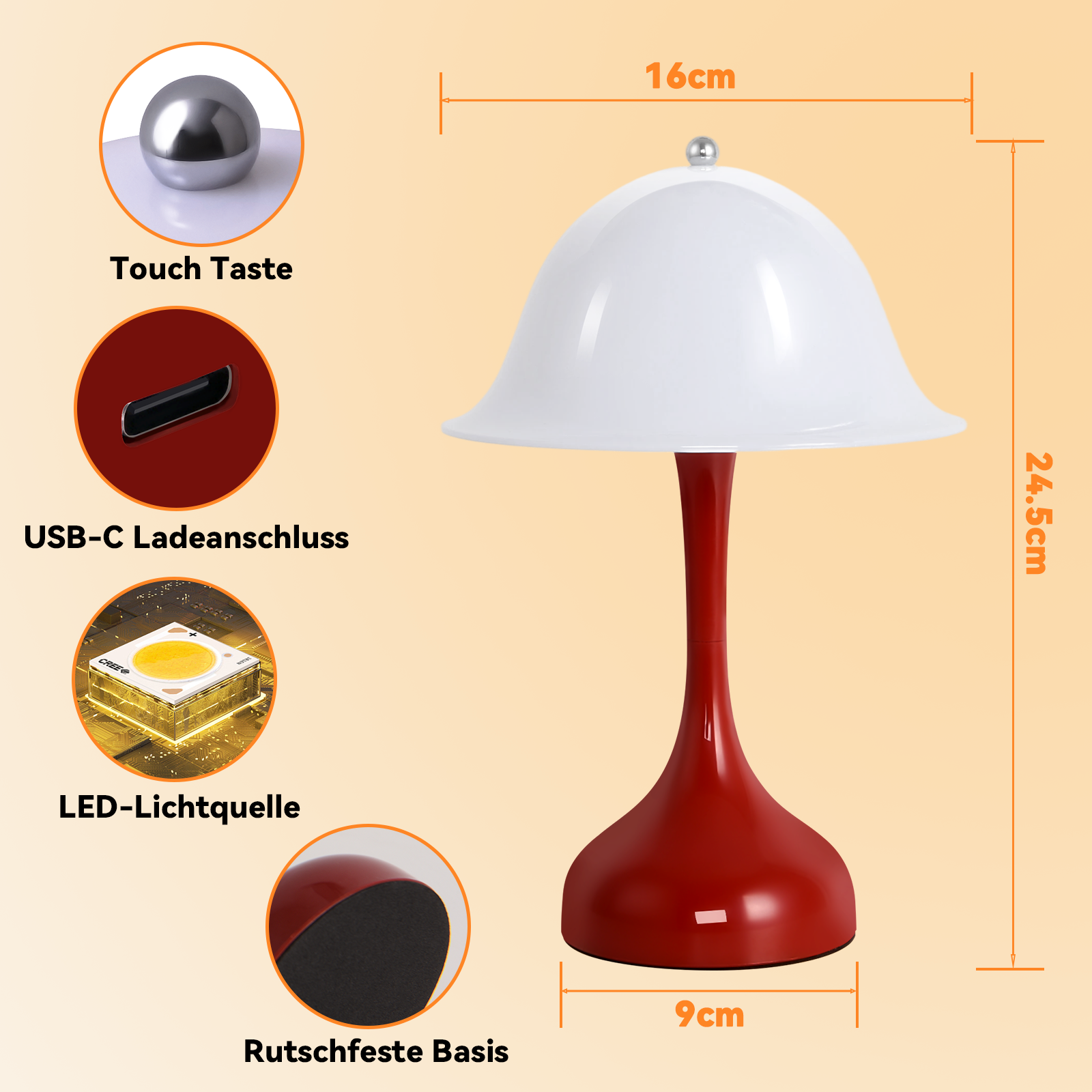 Lampada rossa con paralume bianco, controllo touch, USB-C e LED. Dimensioni: 16x24,5x9cm.