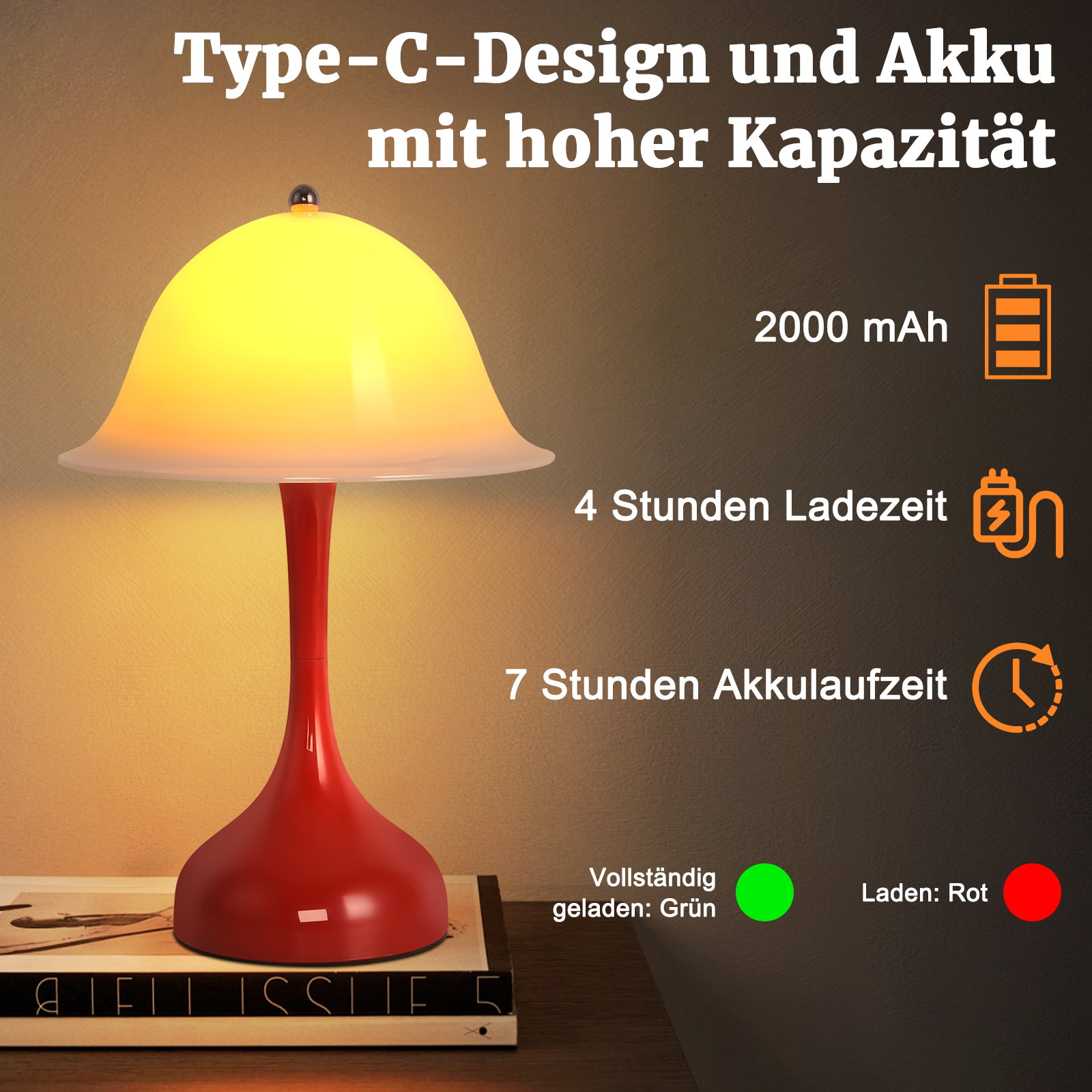 Lampada rossa con paralume giallo, batteria 2000 mAh, carica 4h, autonomia 7h.