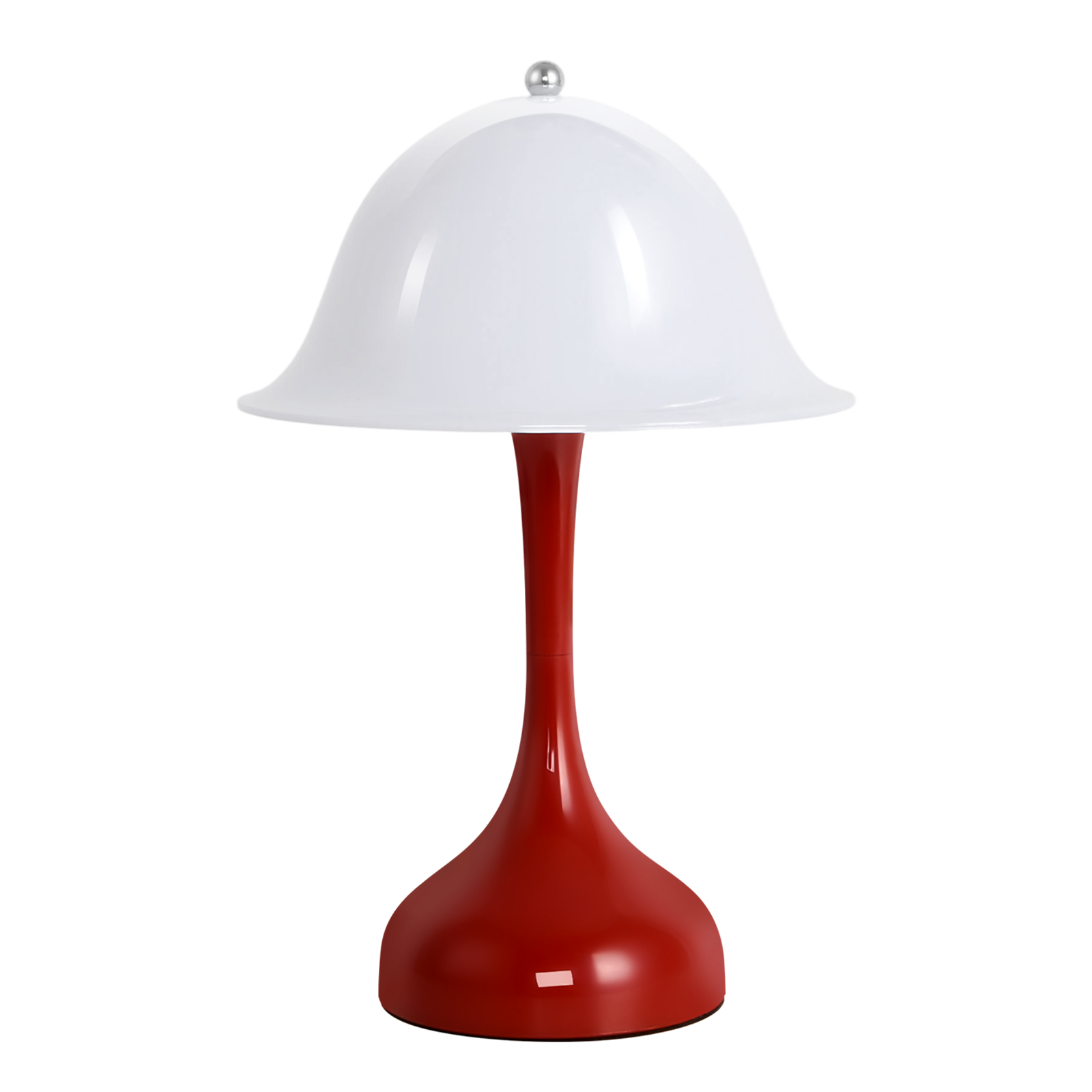 Una lampada rossa con paralume bianco e sfera argentata.