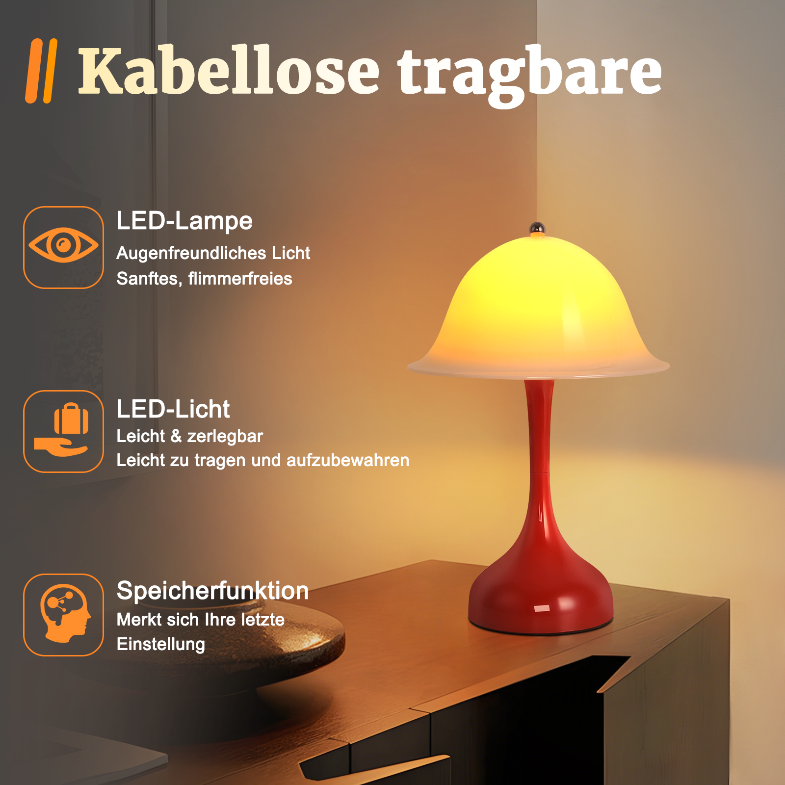 Lampada LED rossa senza fili su un comodino. Luce morbida e senza sfarfallio.