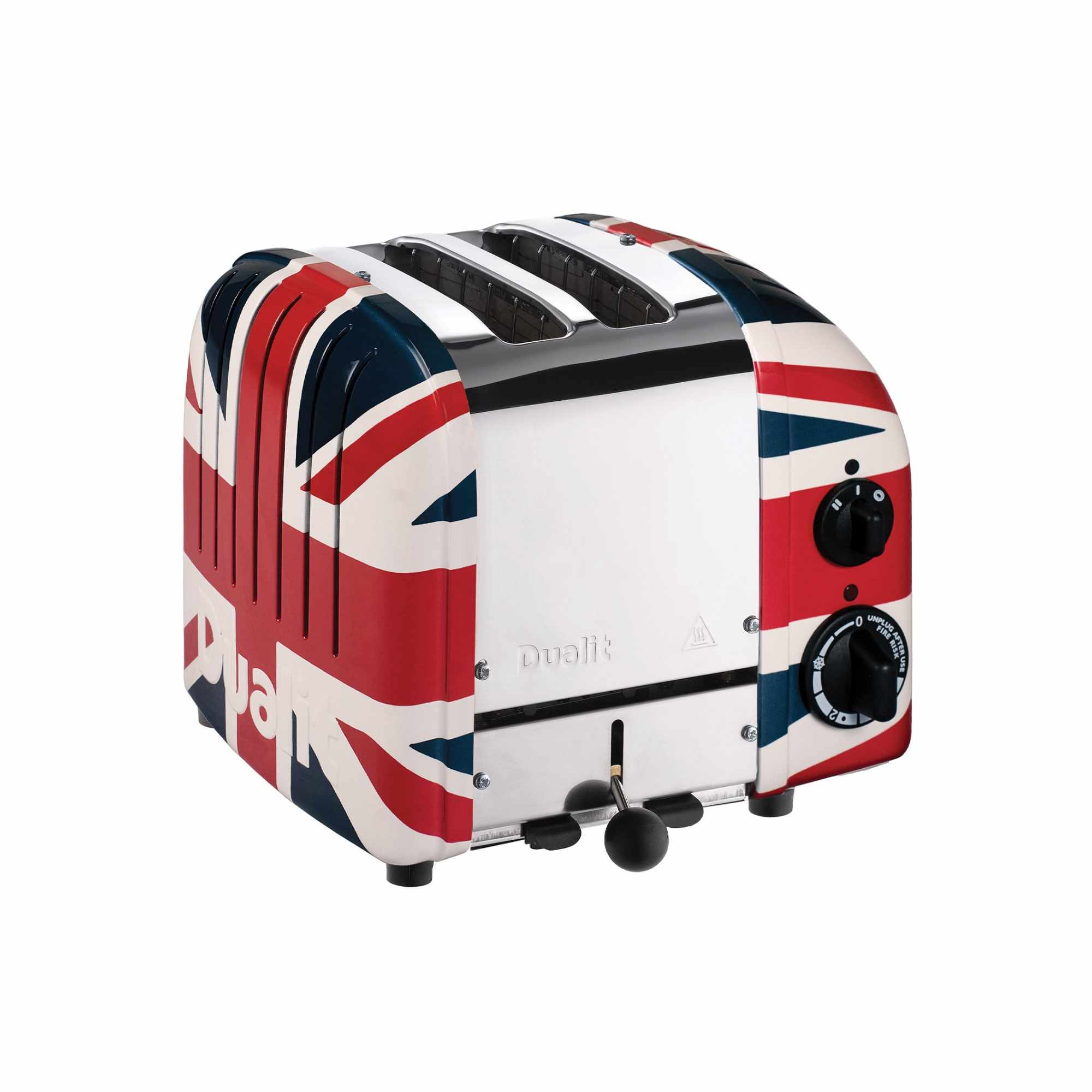 Ein Toaster mit Union-Jack-Design, Chromdetails und schwarzen Bedienelementen.