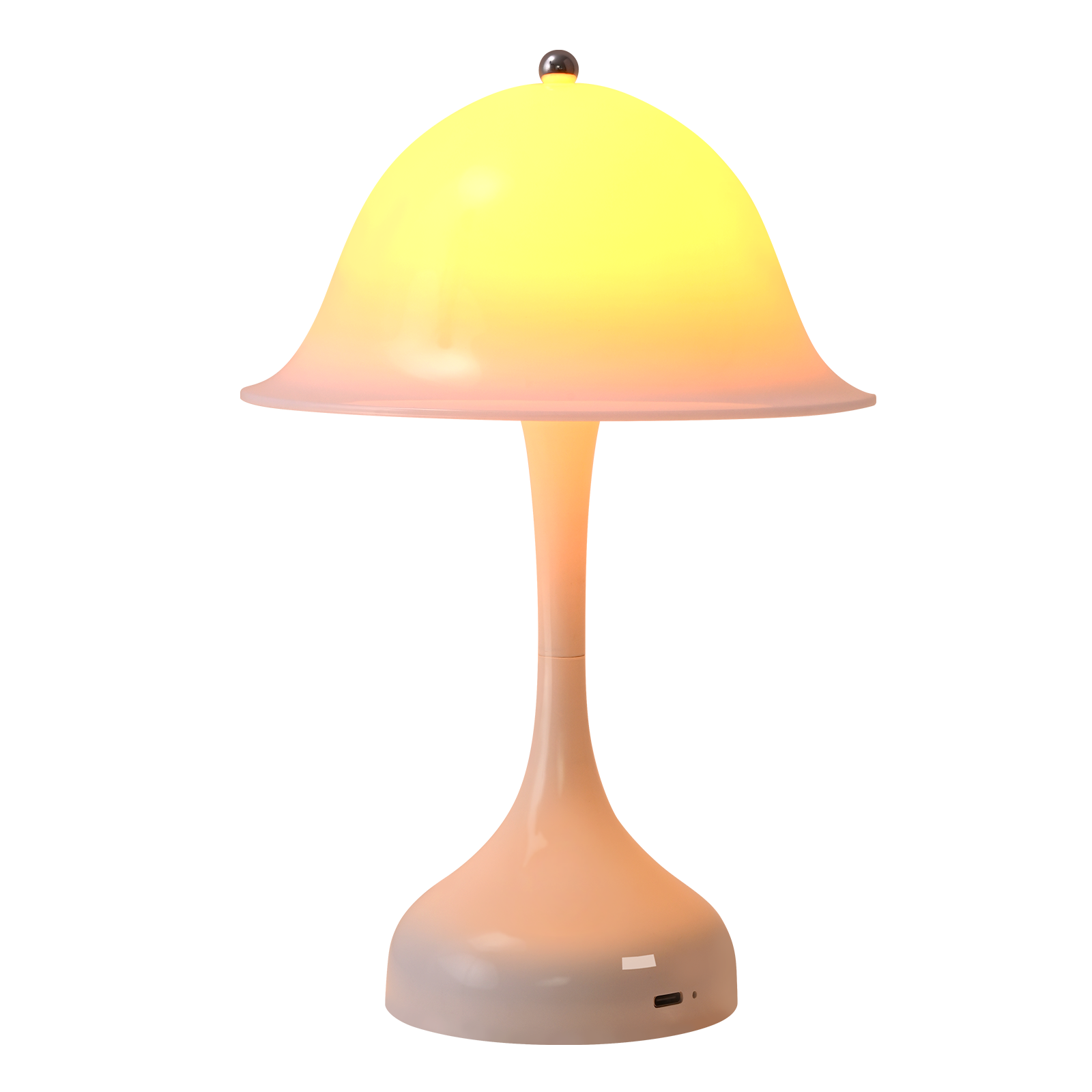 Una lampada luminosa a forma di fungo con base rosa e luce gialla.