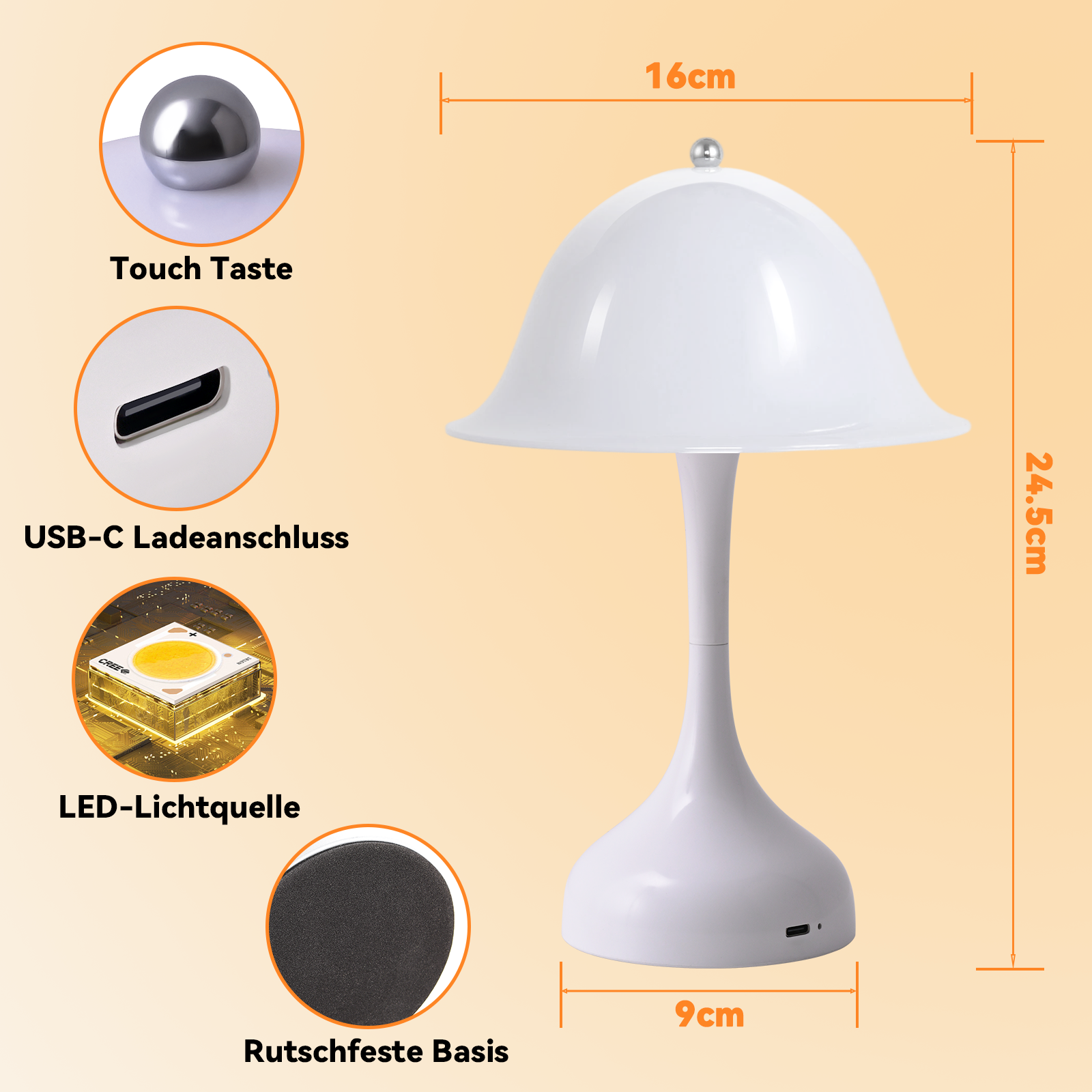 Lampada bianca a fungo con controllo touch, USB-C, LED e base antiscivolo.