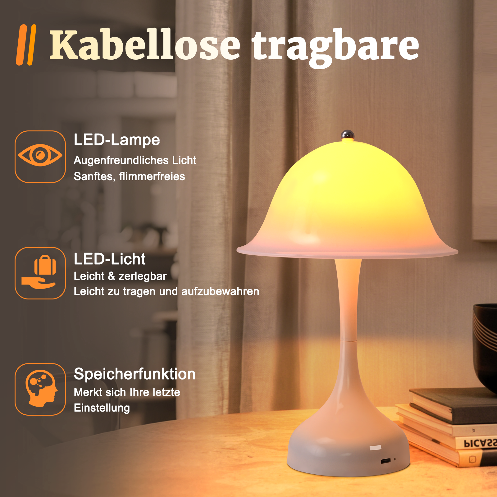 Lampada LED portatile wireless con luce soffusa, leggera e smontabile.