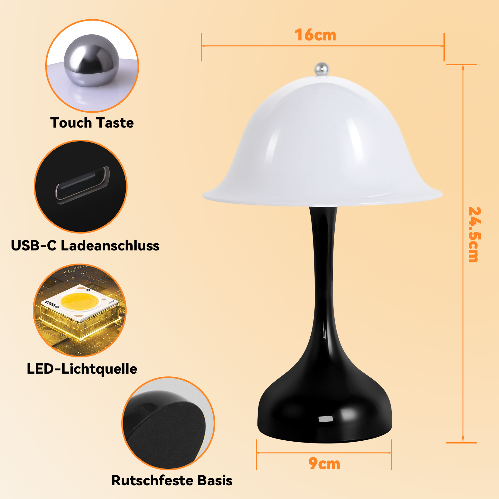 Una lampada bianca a fungo con base nera, alta 24,5 cm e larga 16 cm.