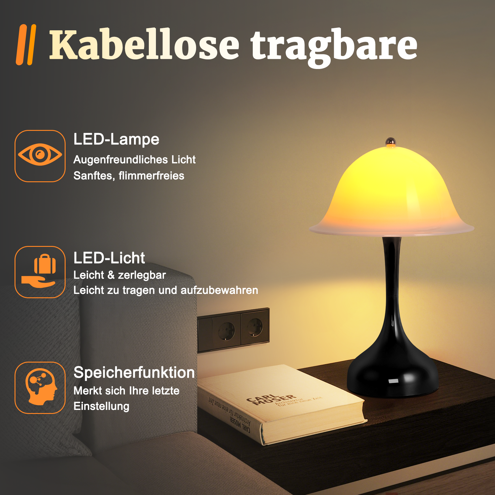 Una lampada LED portatile senza fili con luce gialla si trova su un comodino accanto a un libro.