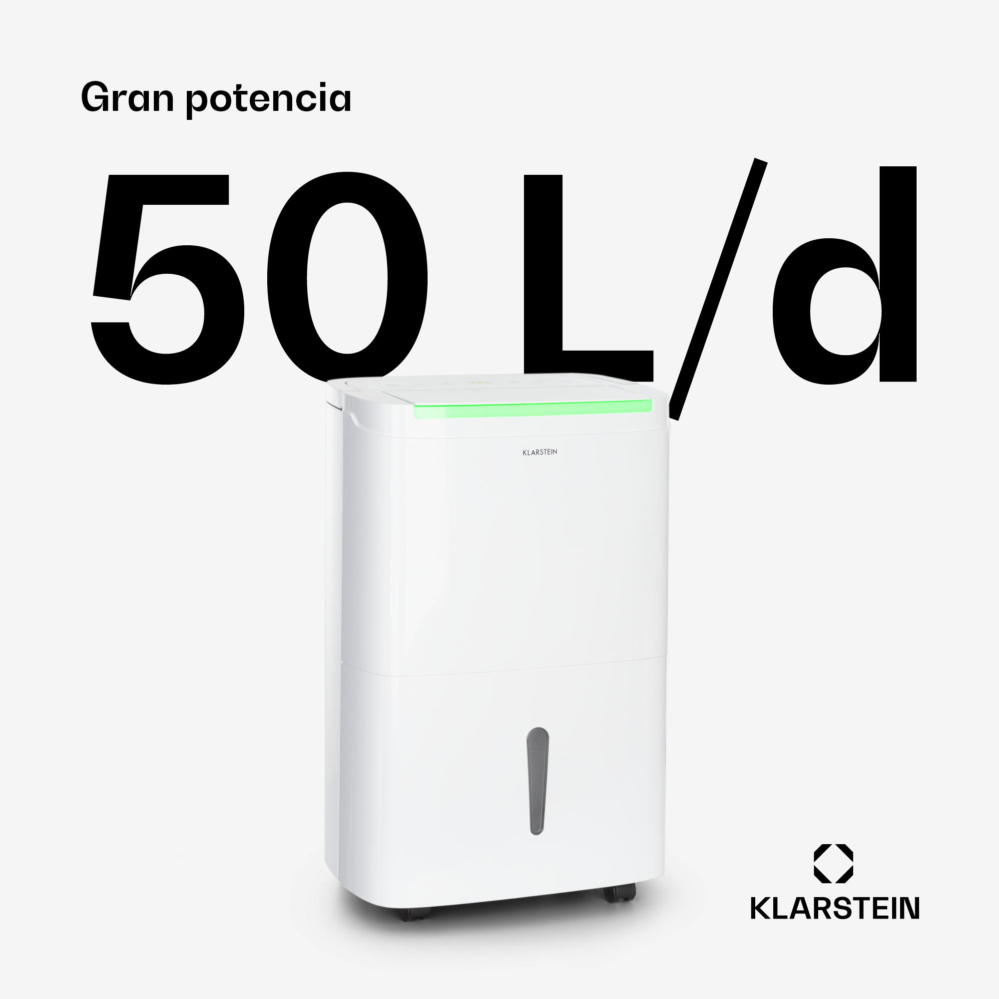 Ein weißer Klarstein Luftentfeuchter mit „Gran potencia 50 L/d“ Aufschrift.