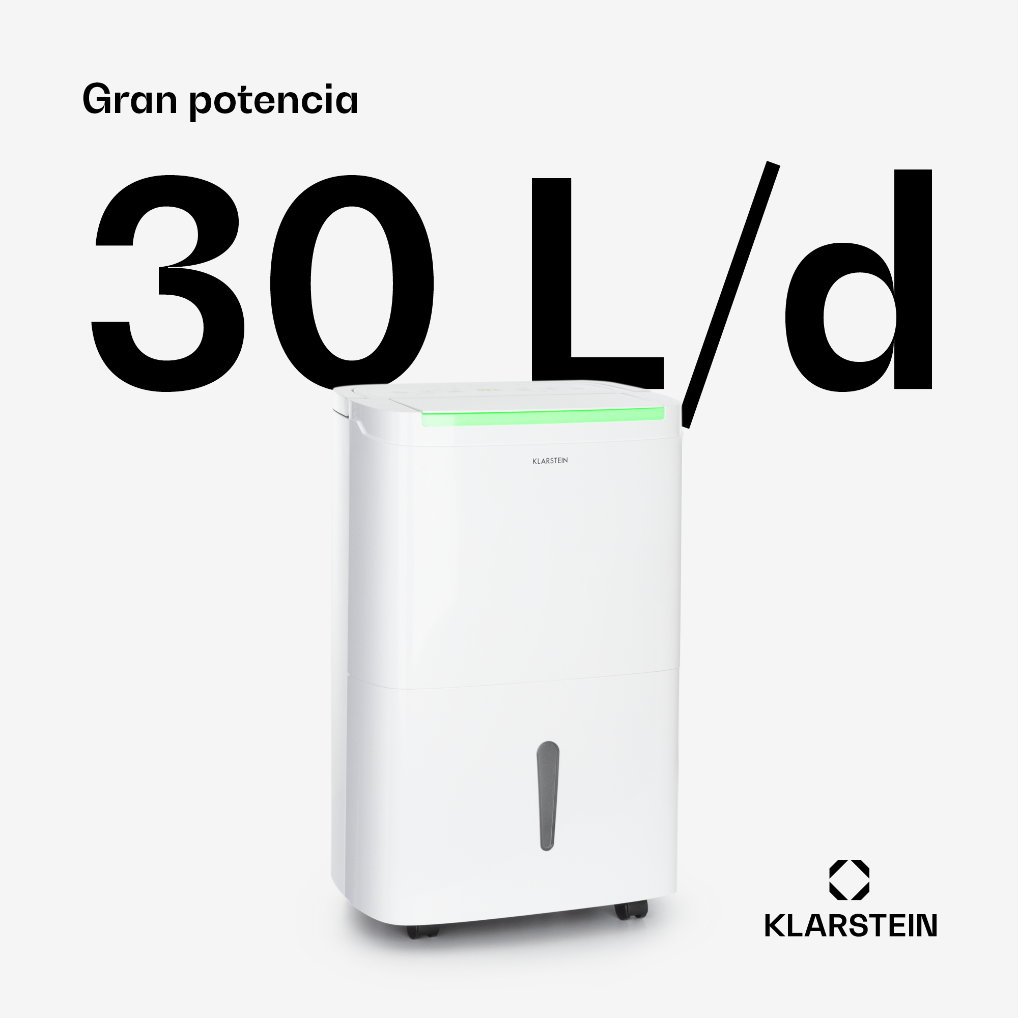 Ein weißer Klarstein Luftentfeuchter mit grüner Leiste und 30 L/d Anzeige.