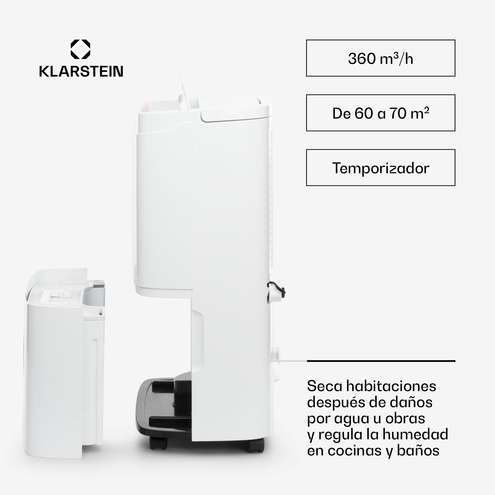 Un deumidificatore Klarstein bianco con serbatoio dell'acqua rimovibile.