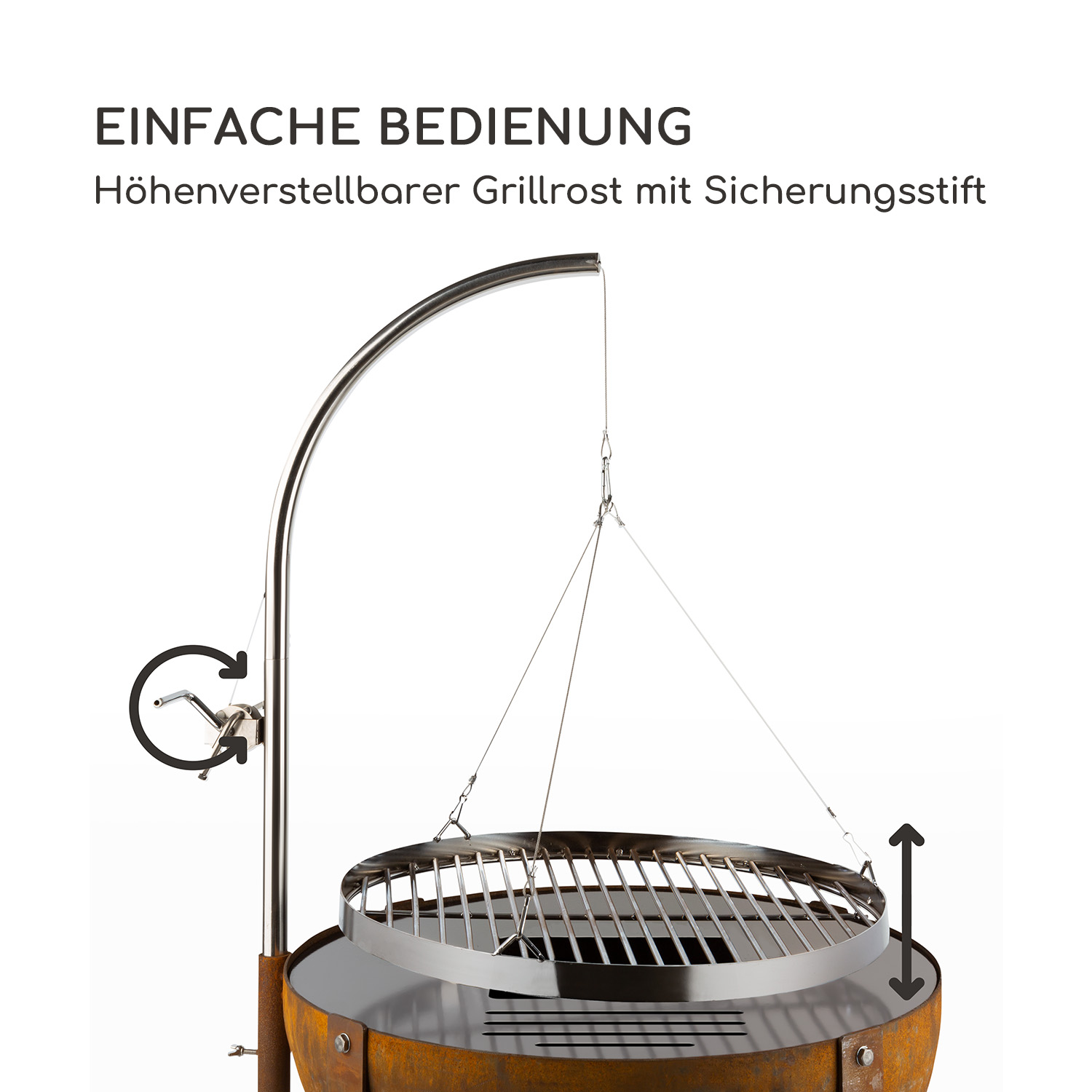Höhenverstellbarer Grillrost mit Sicherungsstift und Pfeilen für Auf-/Abwärtsbewegung.
