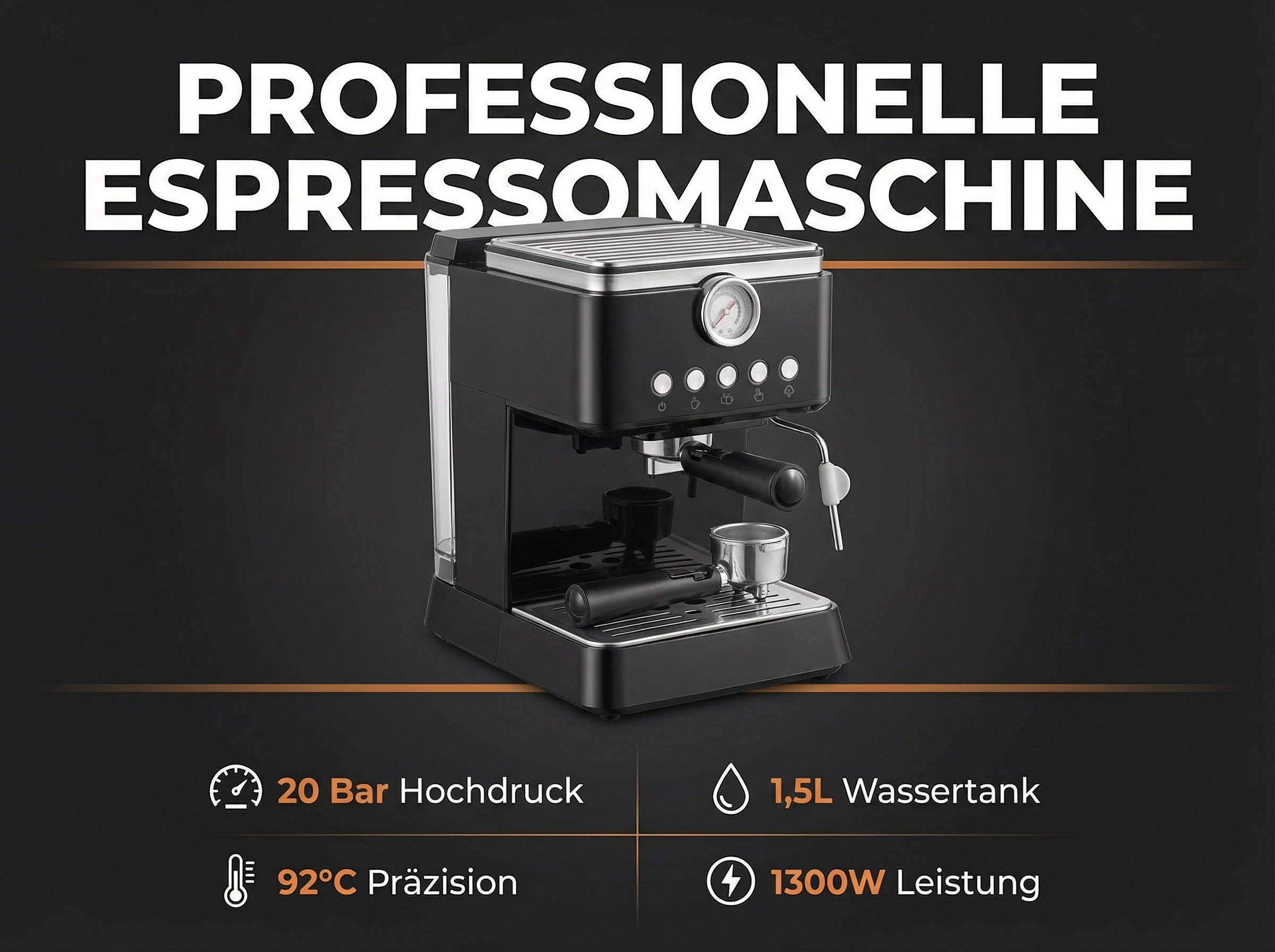 Schwarze Espressomaschine mit Manometer, 20 Bar, 1,5L Wassertank, 92°C, 1300W.