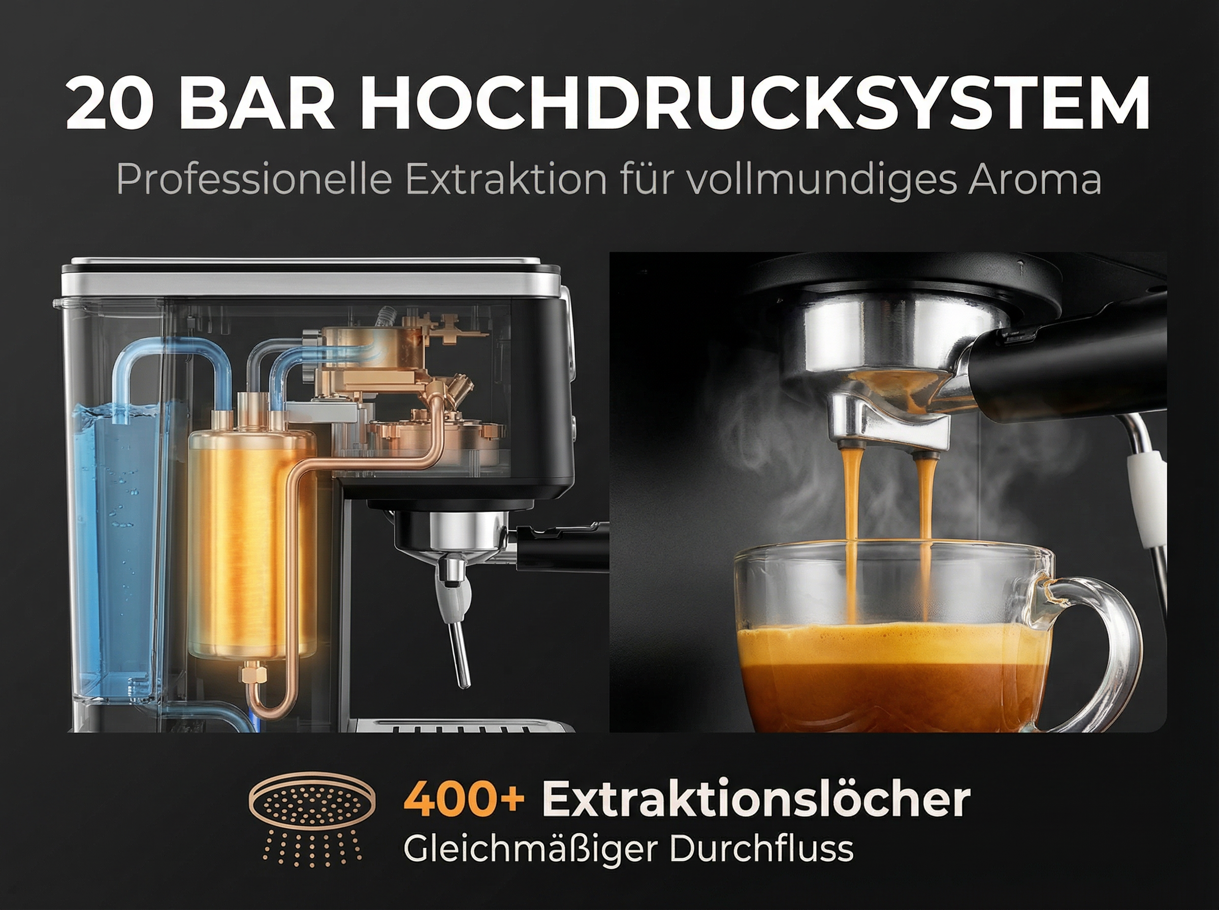 Kaffeemaschine mit Wasserkreislauf und Espressobezug in Tasse.