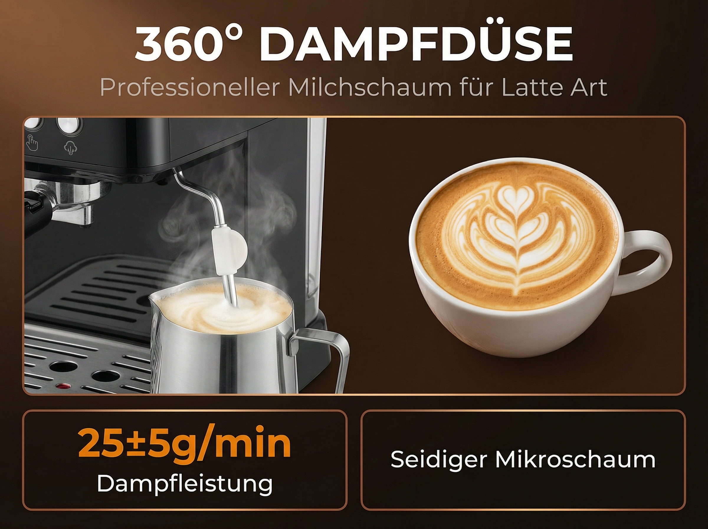Kaffeemaschine mit Dampfdüse, die Milchschaum erzeugt, und einer Tasse Latte Art Kaffee.