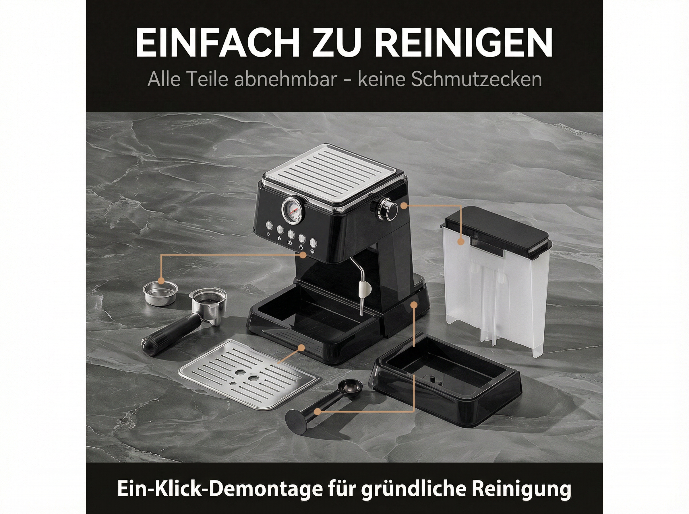 Espressomaschine mit abnehmbaren Teilen: Wassertank, Tropfschale, Siebträger.