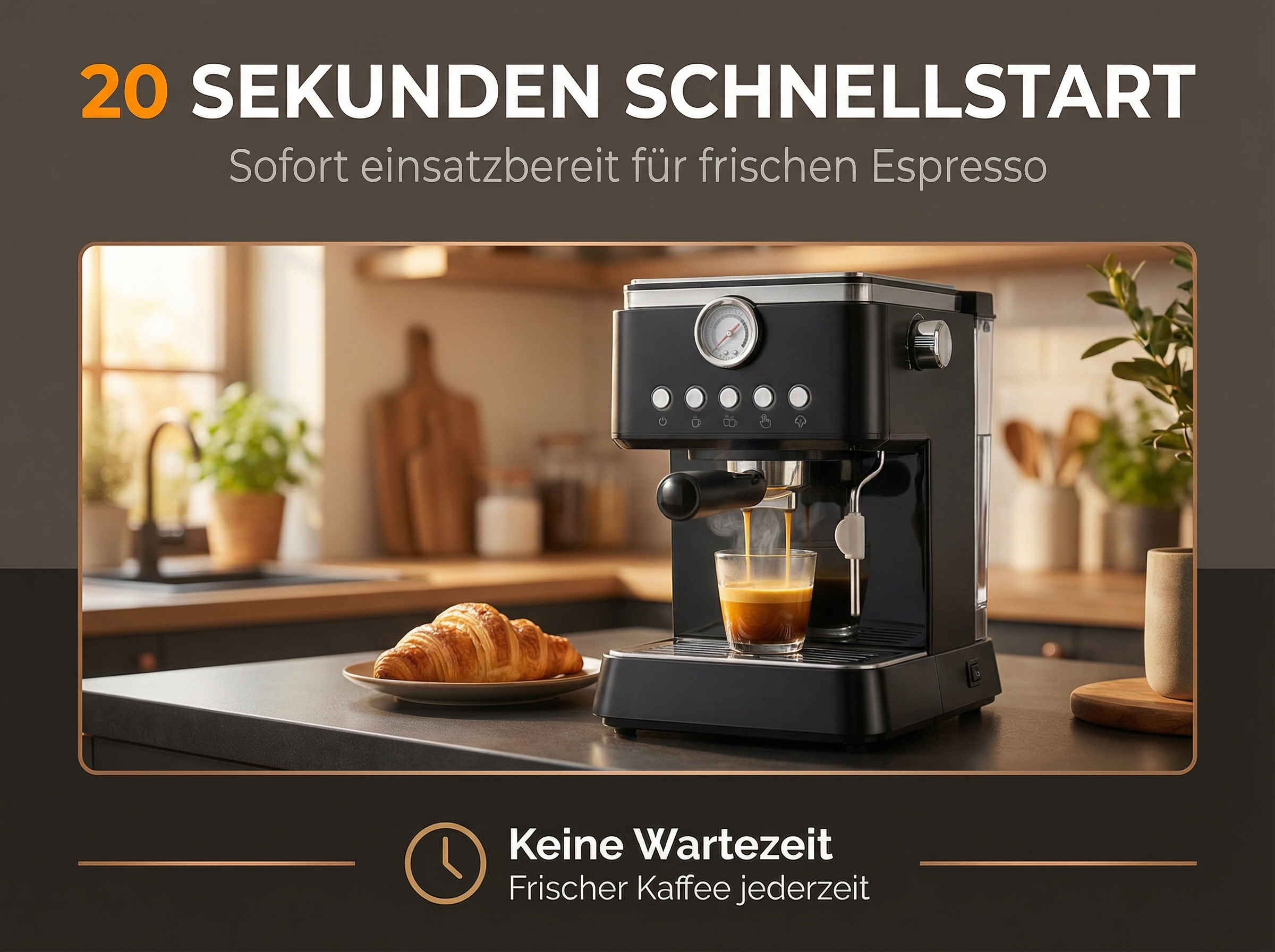 Espressomaschine brüht Kaffee in ein Glas, daneben ein Croissant.