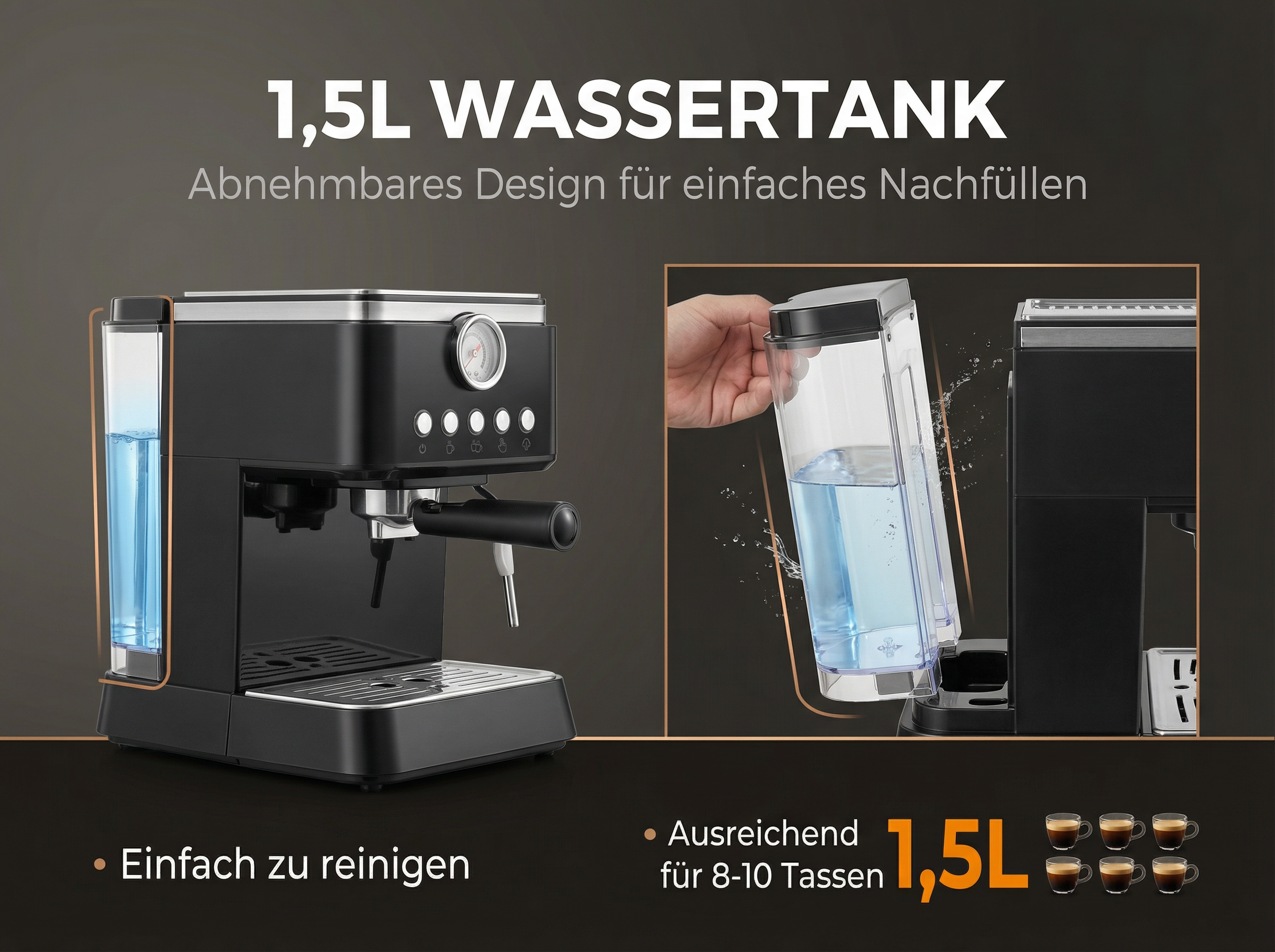 Schwarze Kaffeemaschine mit abnehmbarem 1,5L Wassertank.