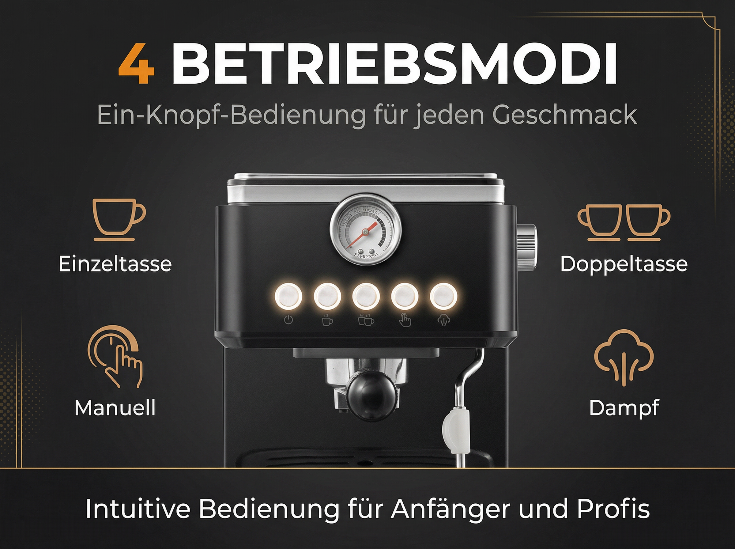Kaffeemaschine mit 4 Modi: Einzeltasse, Doppeltasse, Manuell, Dampf. Intuitive Bedienung.