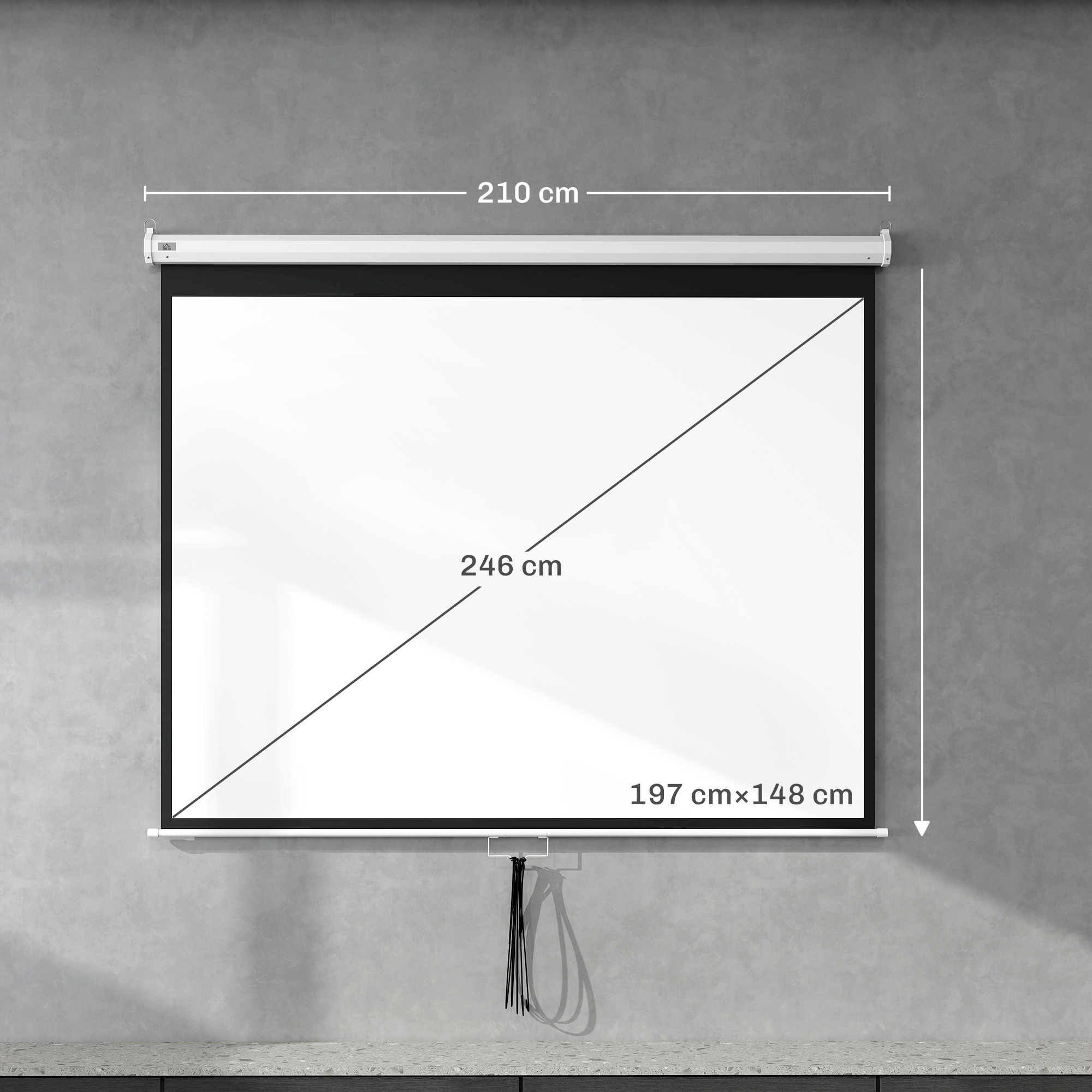 Schermo di proiezione largo 210 cm, diagonale 246 cm, 197x148 cm.