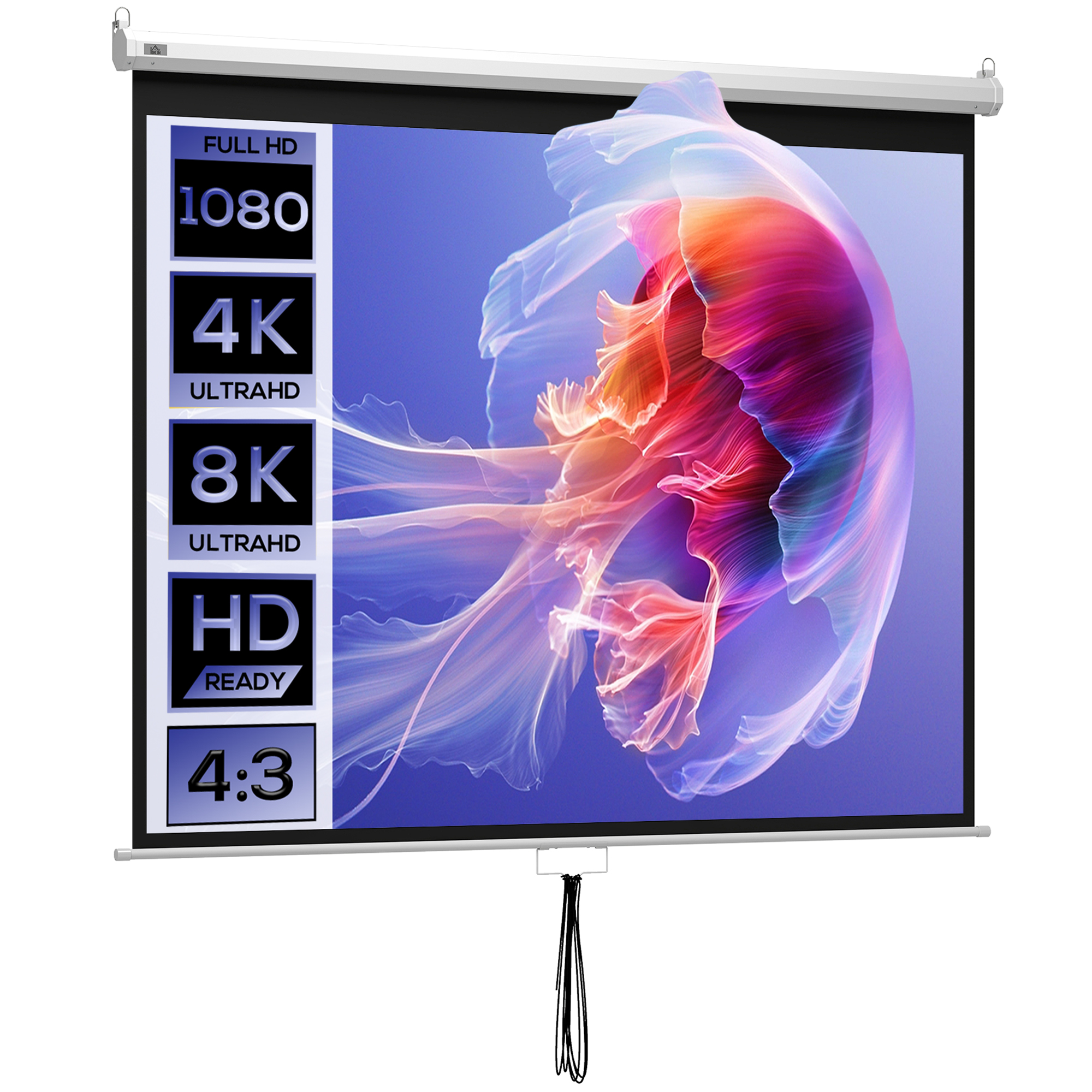 Schermo del proiettore con indicazioni 1080p, 4K, 8K, HD Ready e 4:3.