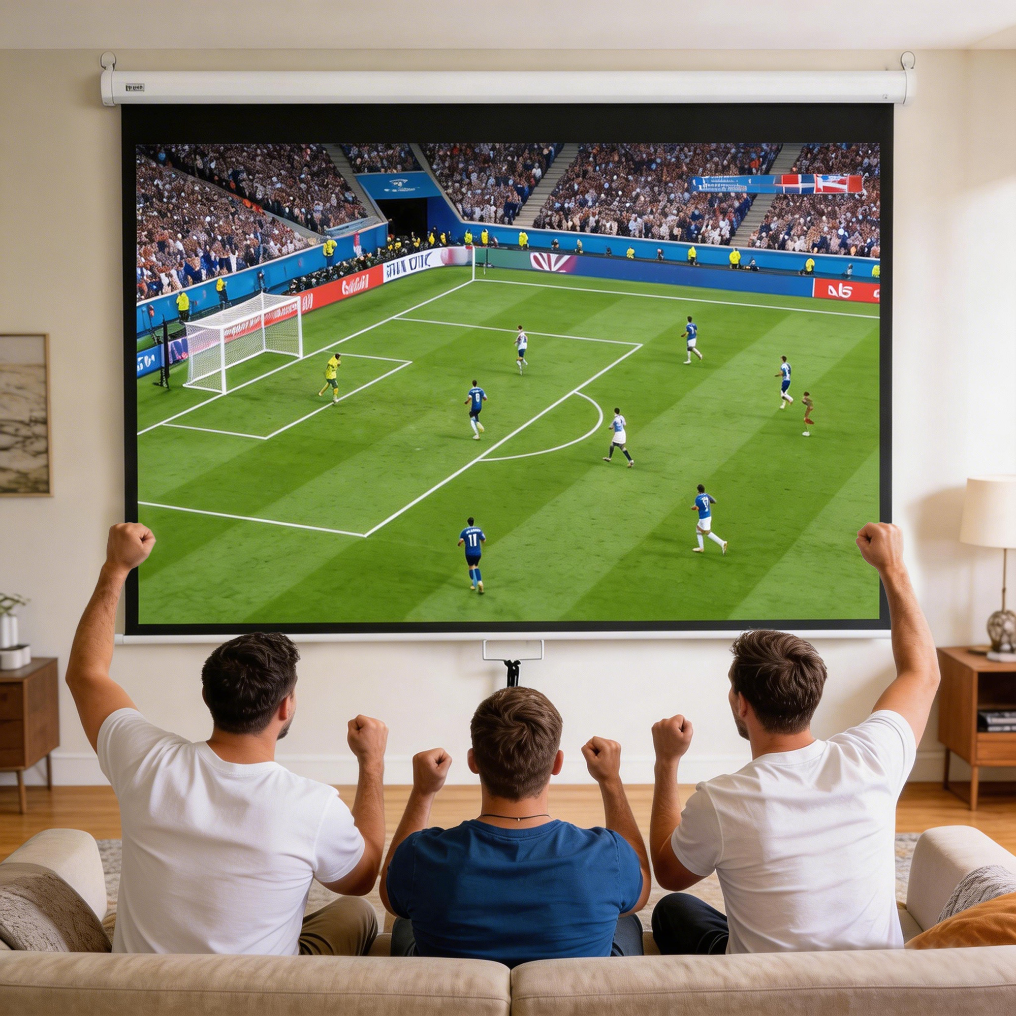 Tre uomini guardano una partita di calcio su grande schermo, esultando.