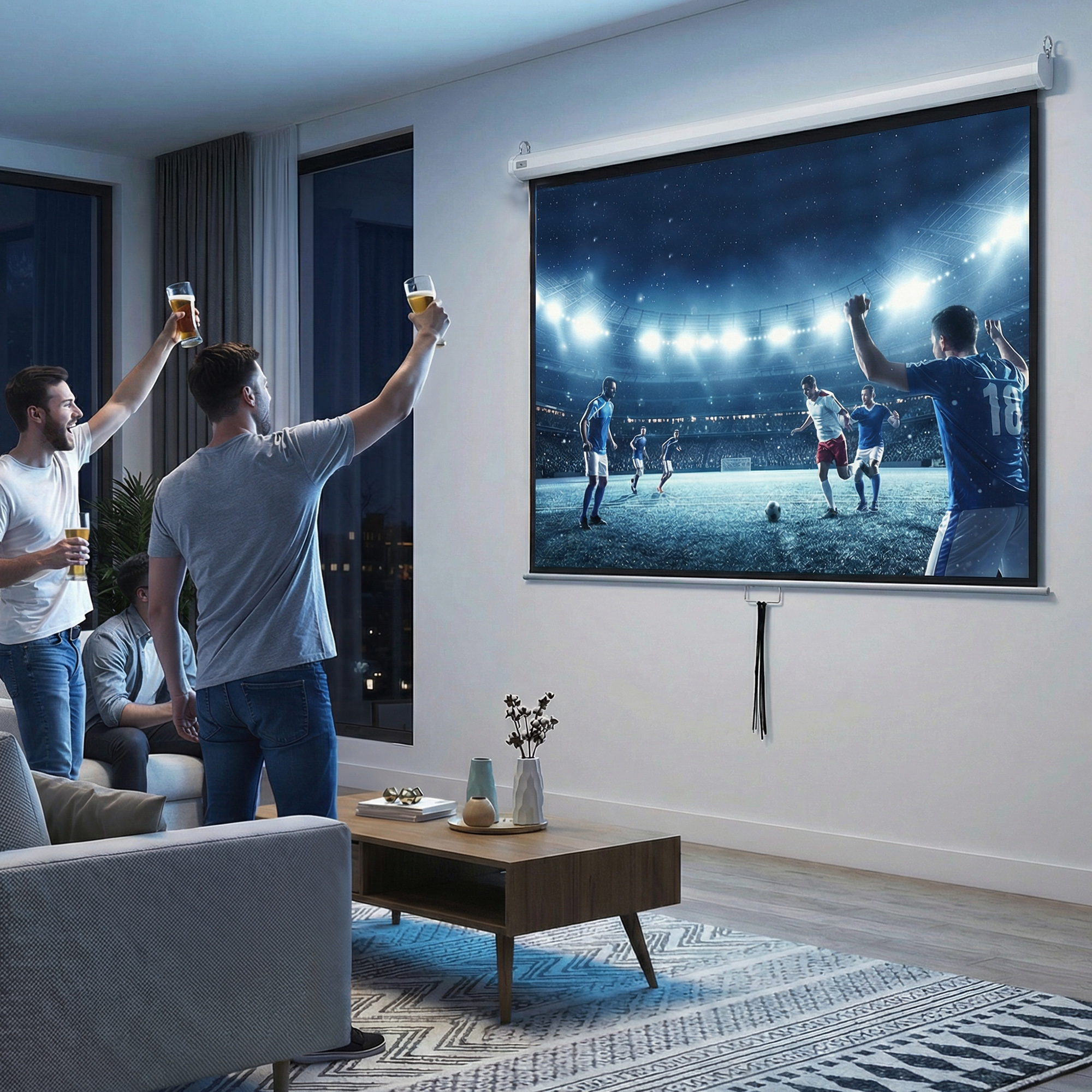 Uomini bevono birra e guardano il calcio su schermo.