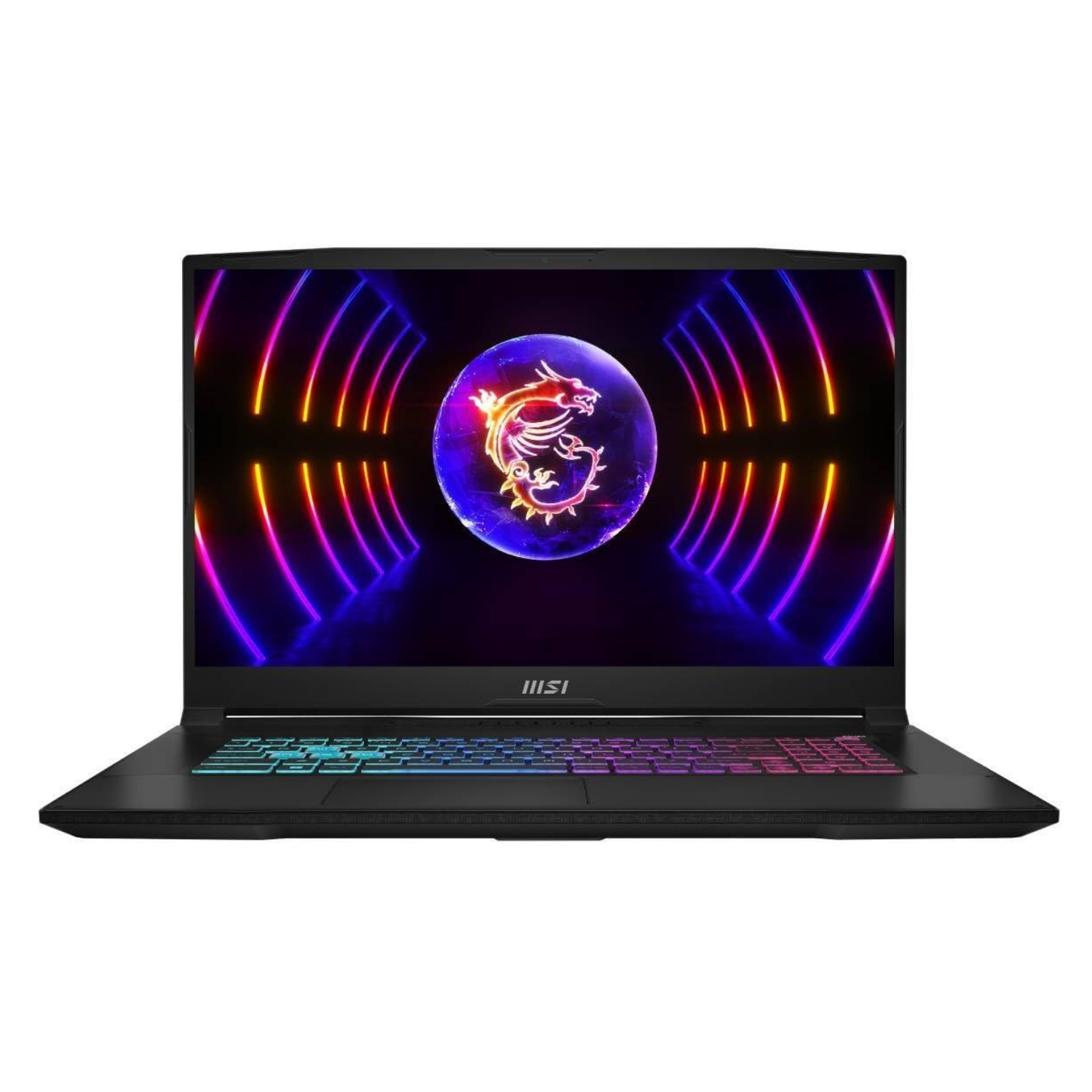 Czarny laptop z podświetlaną klawiaturą i logo smoka na ekranie.