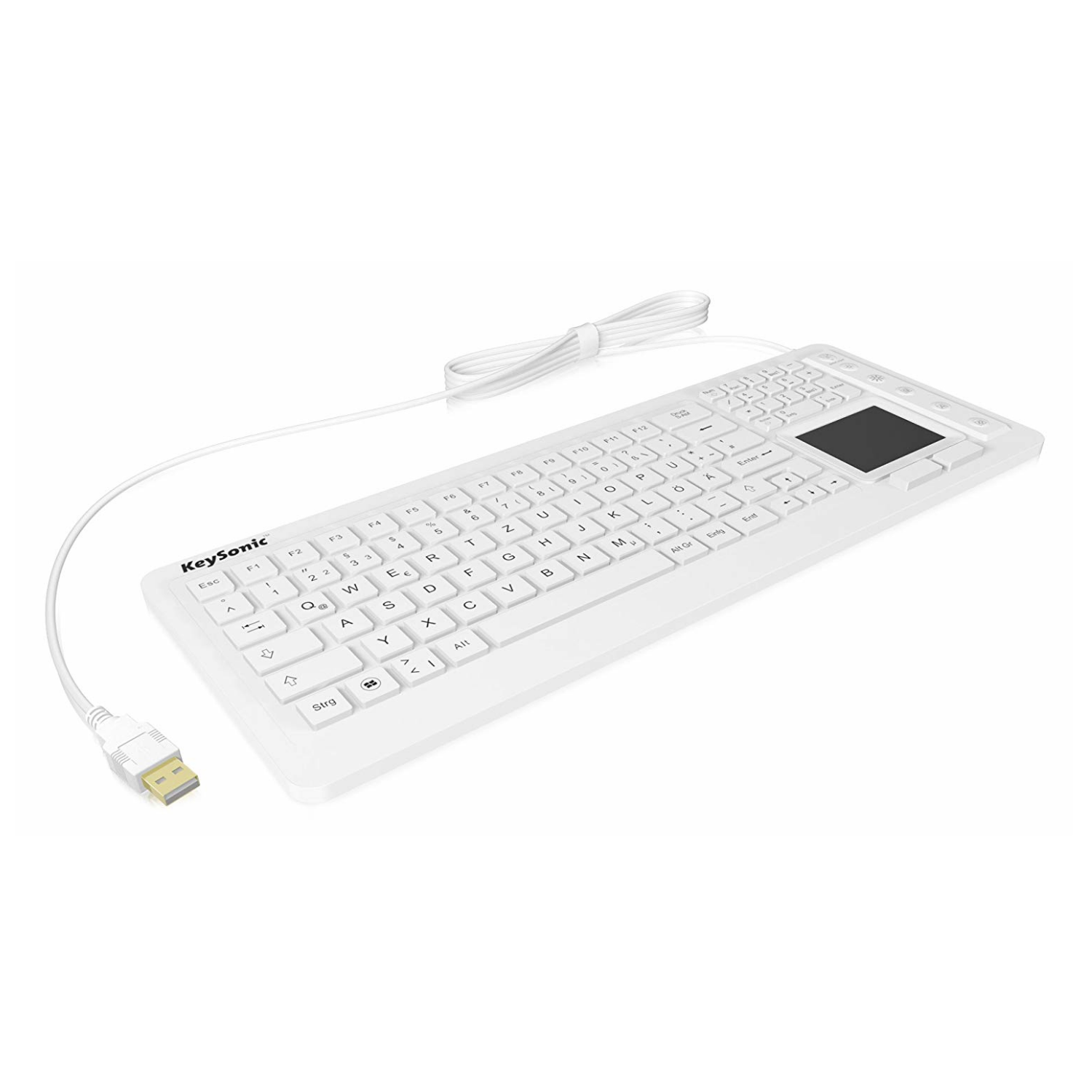 Biała klawiatura z touchpadem i kablem USB na białym tle.