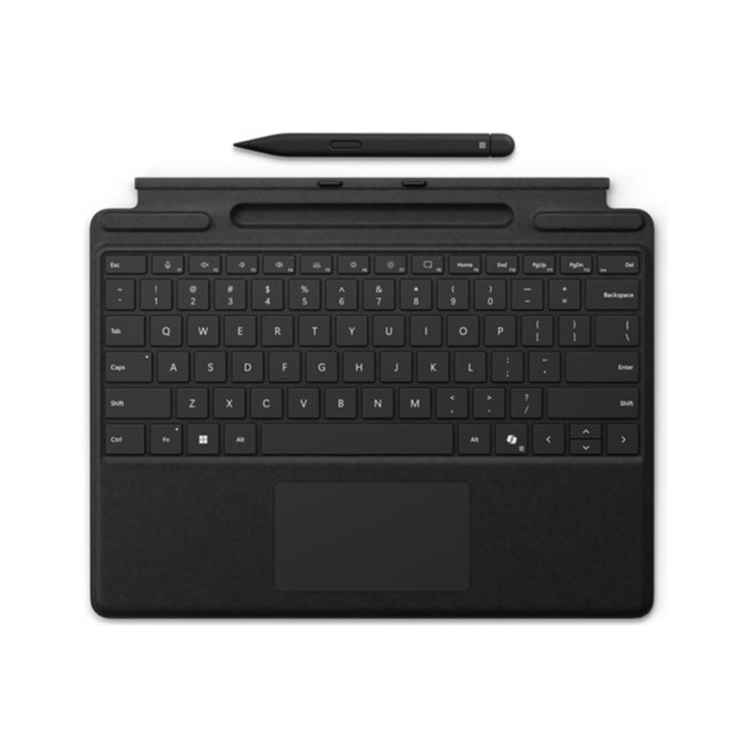 Schwarze Tastatur und Stift auf weißem Hintergrund.