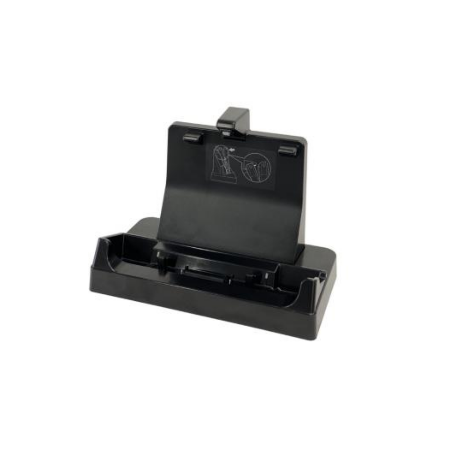 Schwarzer Laptop-Dockingstation-Ständer mit Anschlussbuchsen und Ladekontakten.
