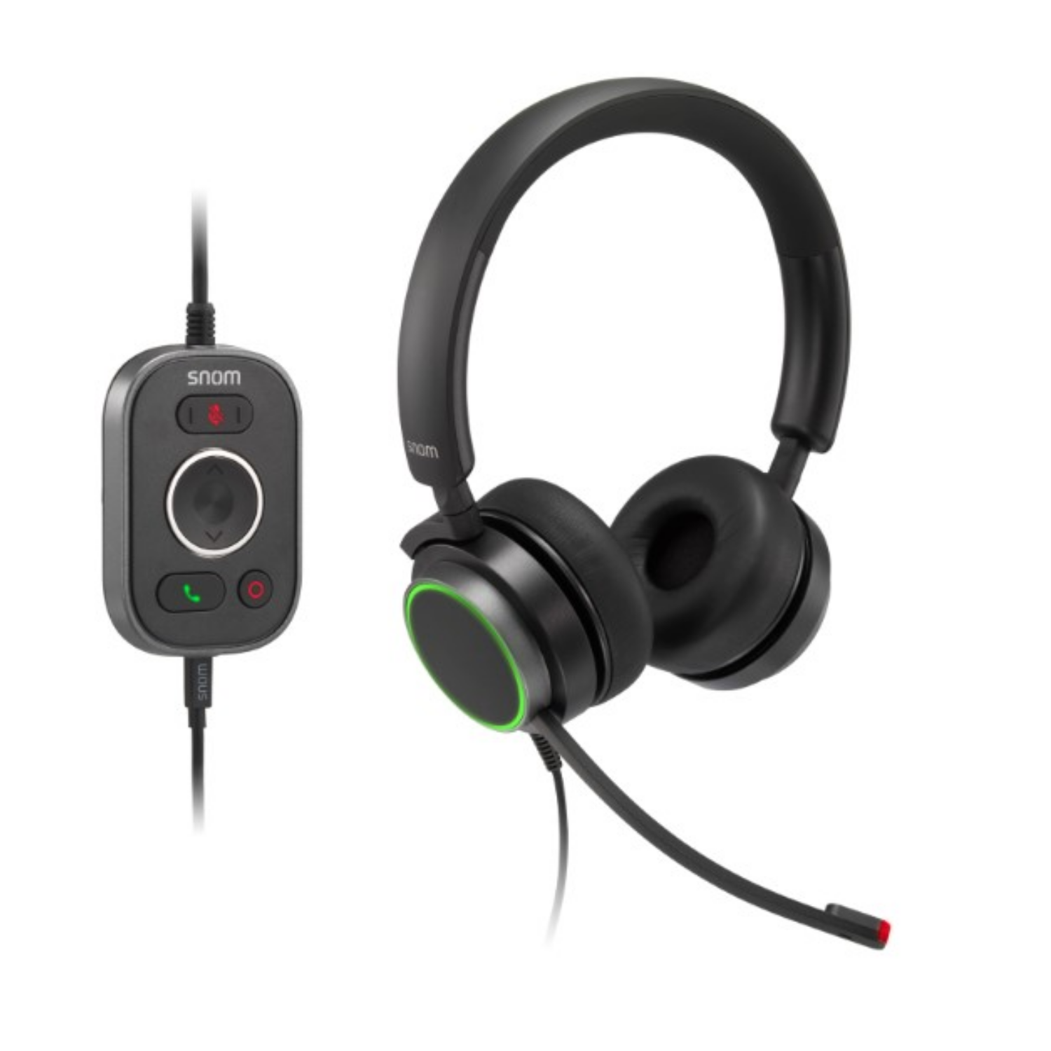 Czarny zestaw słuchawkowy Snom z kontrolerem liniowym i mikrofonem.