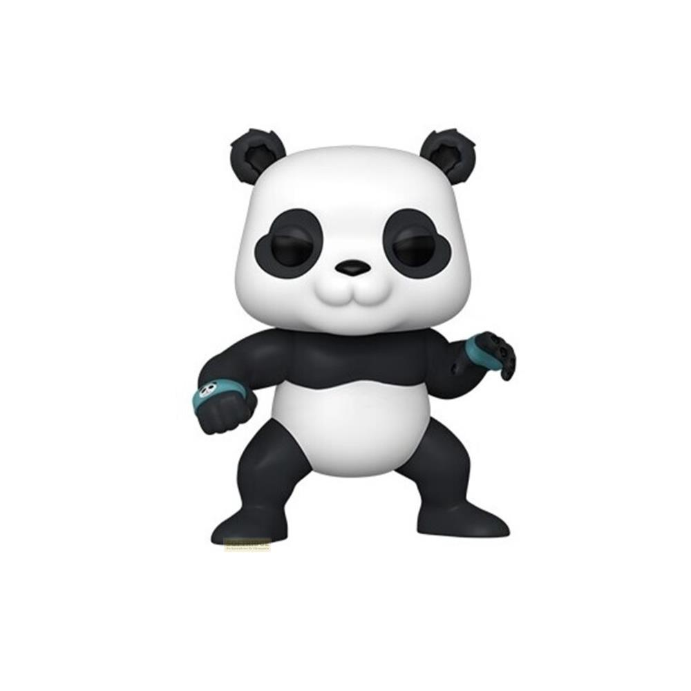 Een panda-speeltje met blauwe polsbandjes staat op witte achtergrond.