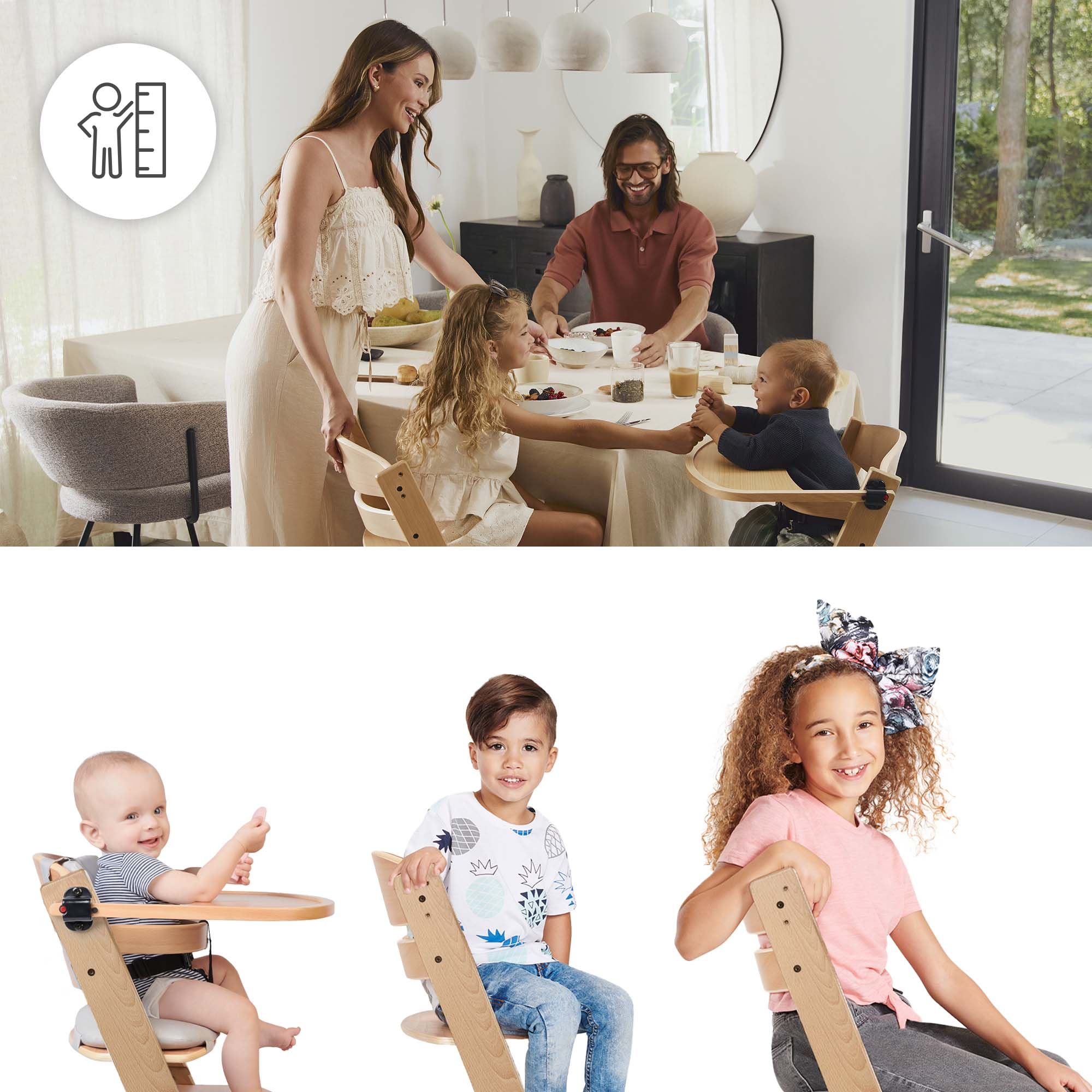 Familie am Esstisch, drei Kinder sitzen in Hochstühlen.