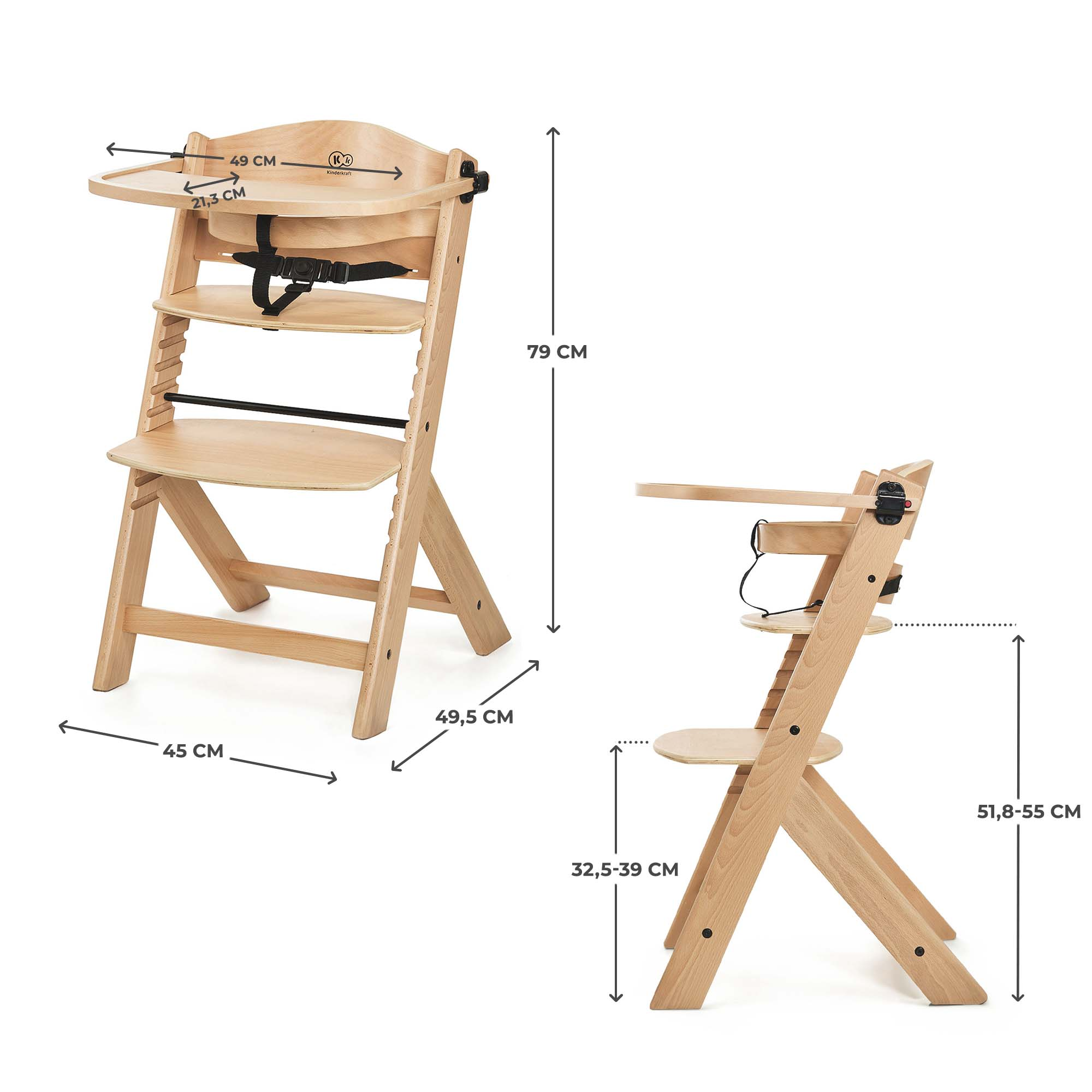 Holz-Hochstuhl mit verstellbarem Tablett und Sicherheitsgurt, Maße angegeben.