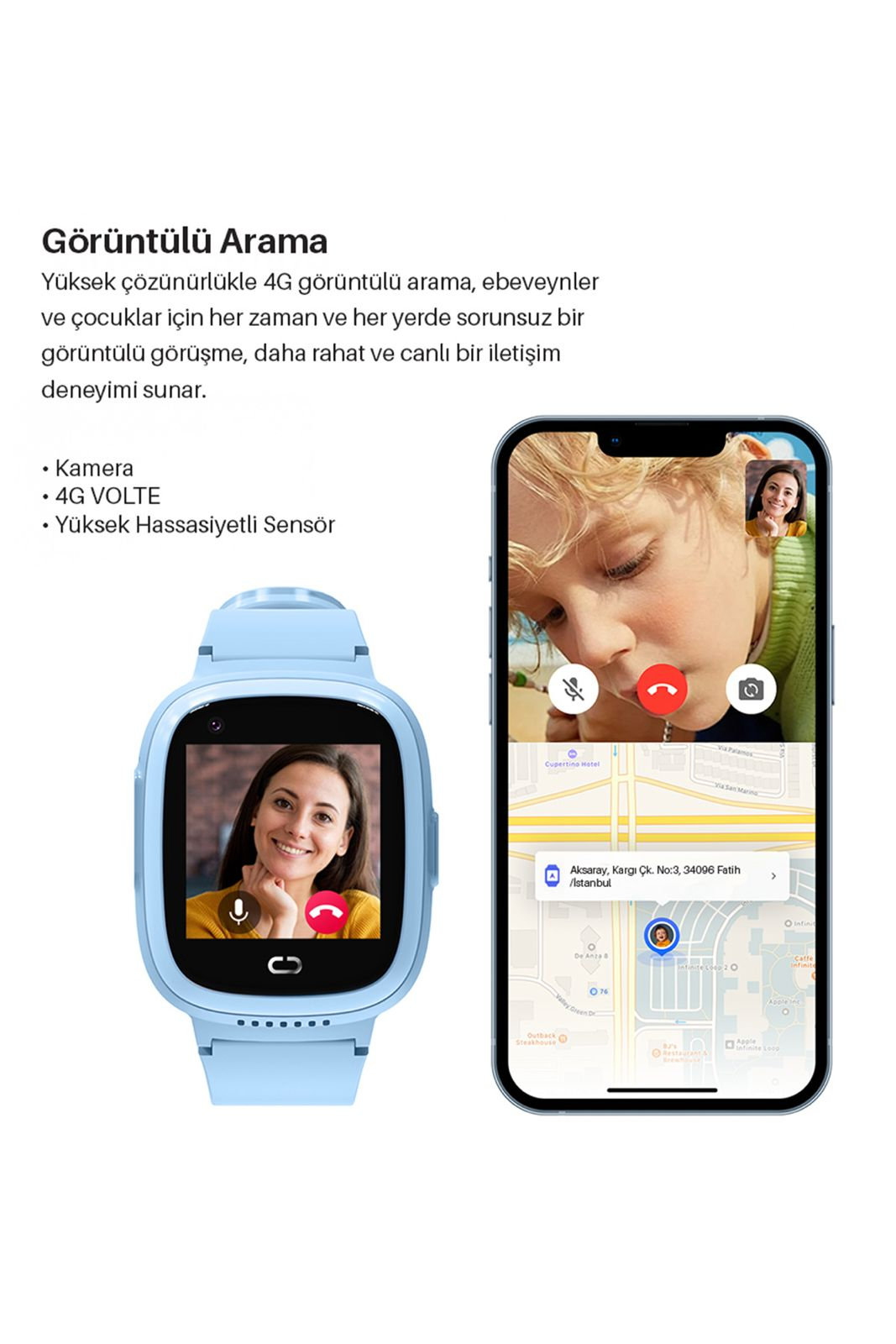 Mavi bir çocuk akıllı saati ve bir akıllı telefon görüntülü aramalar gösteriyor.