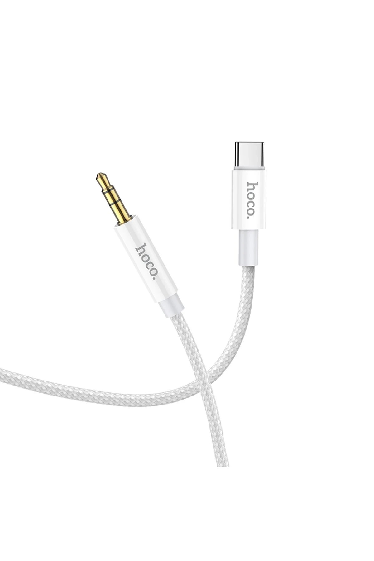 3,5 mm ses jakı ve USB-C konektörlü beyaz Hoco kablosu.