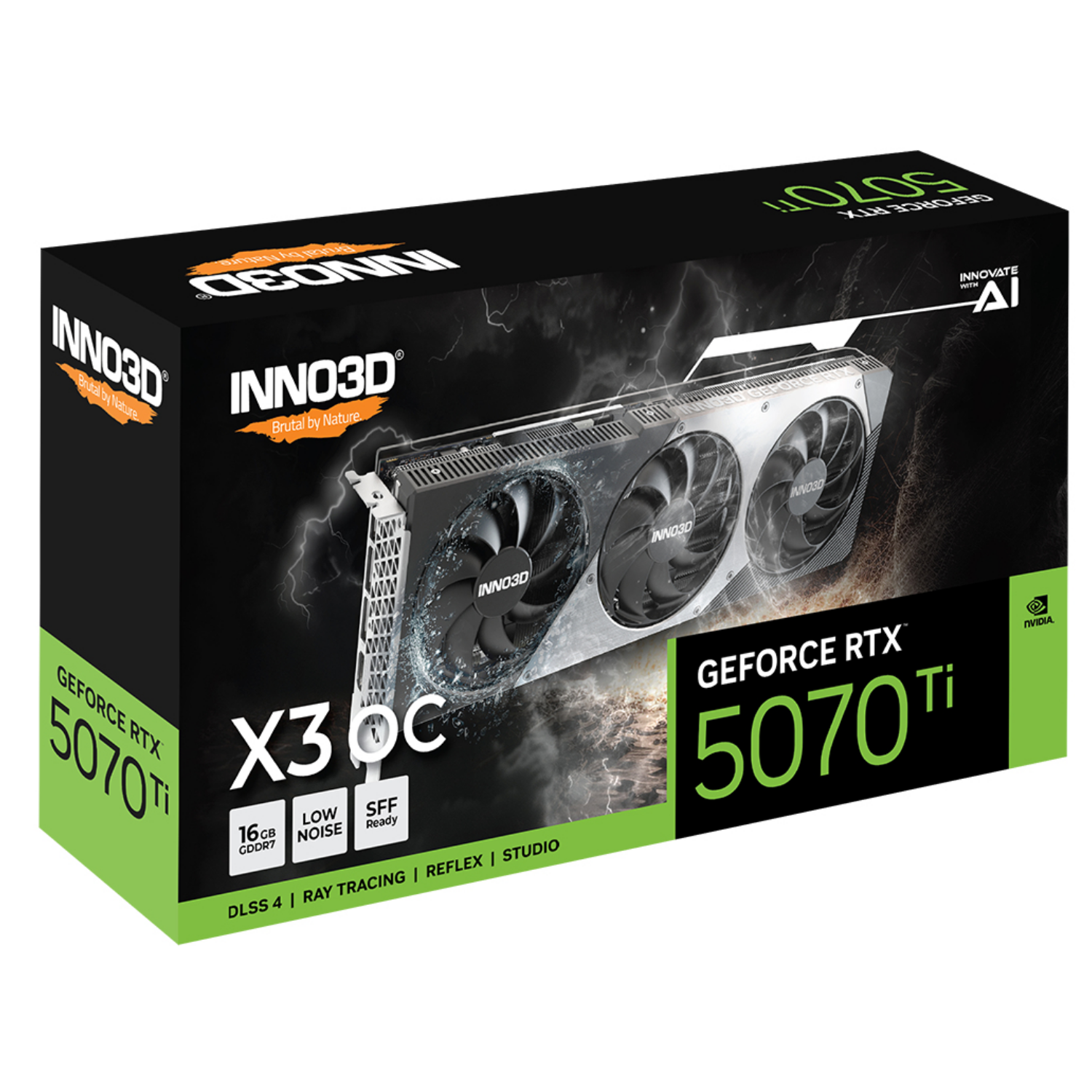 Opakowanie karty graficznej INNO3D GeForce RTX 5070 Ti z trzema wentylatorami.