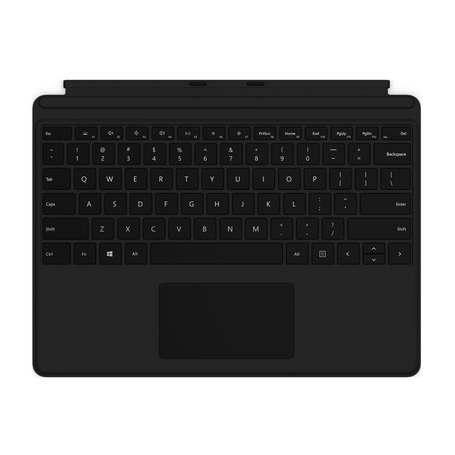 Una tastiera nera con touchpad, vista dall'alto.