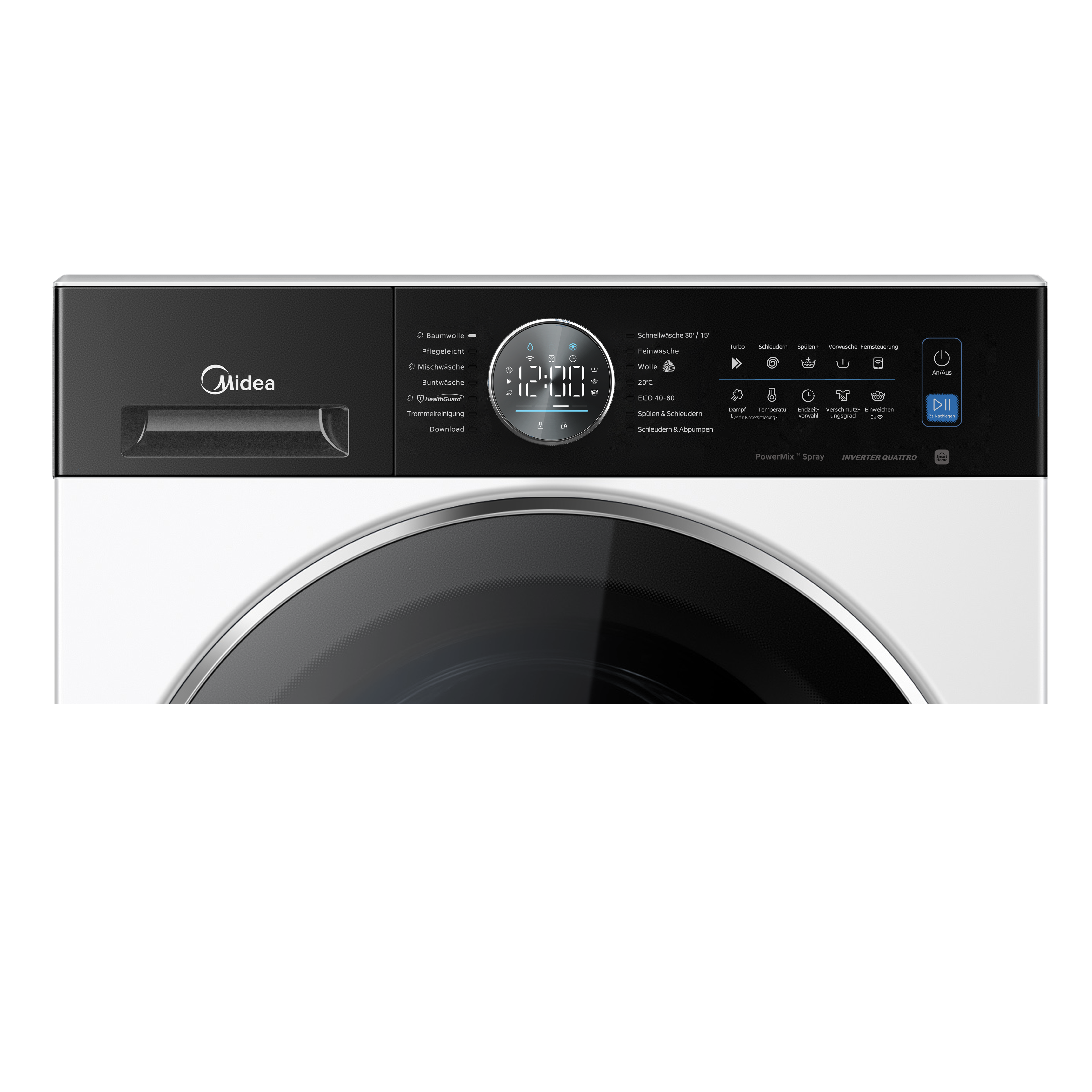 Nahaufnahme des Bedienfelds einer Midea-Waschmaschine mit digitaler Zeitanzeige.