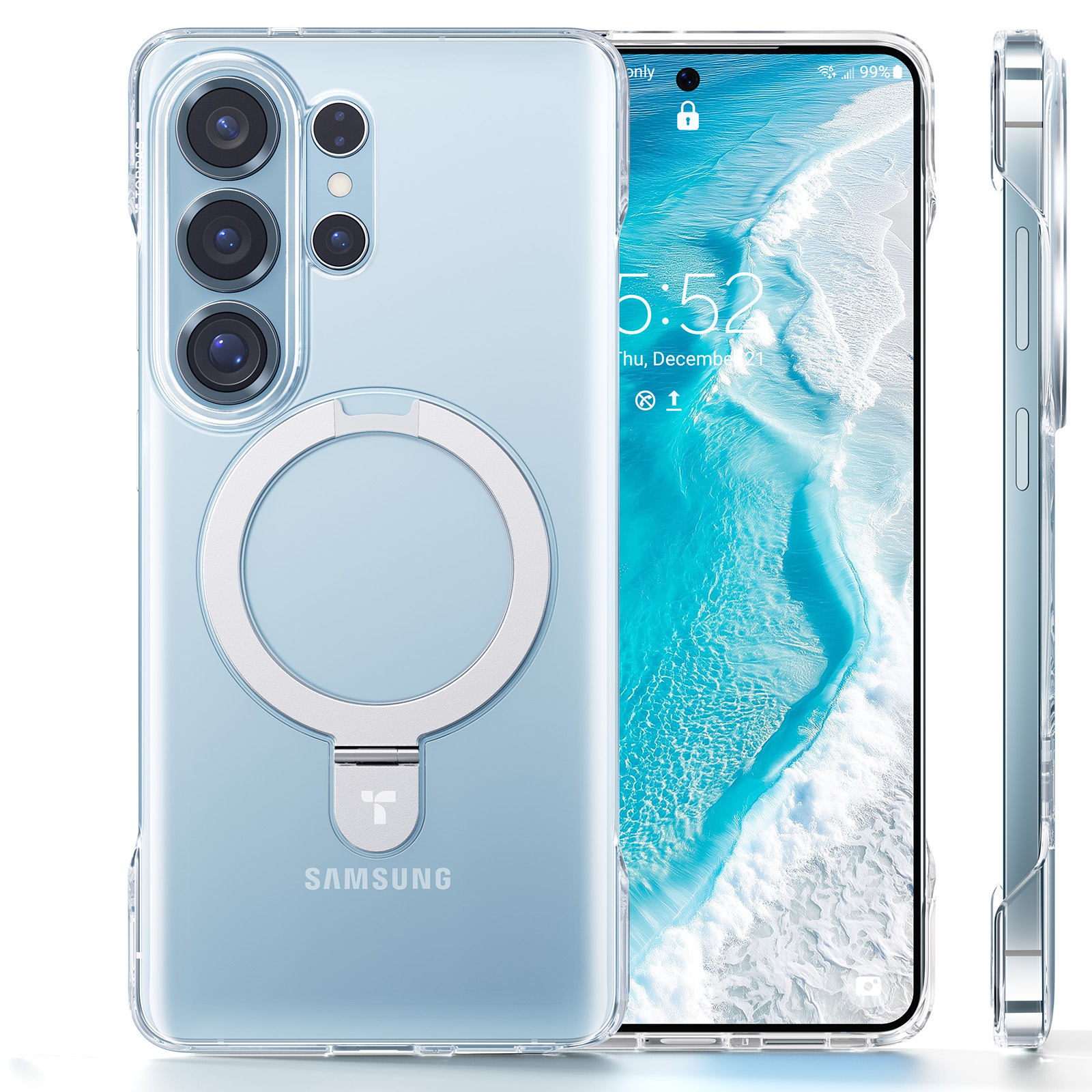 Coque de téléphone transparente avec support anneau et logo.
