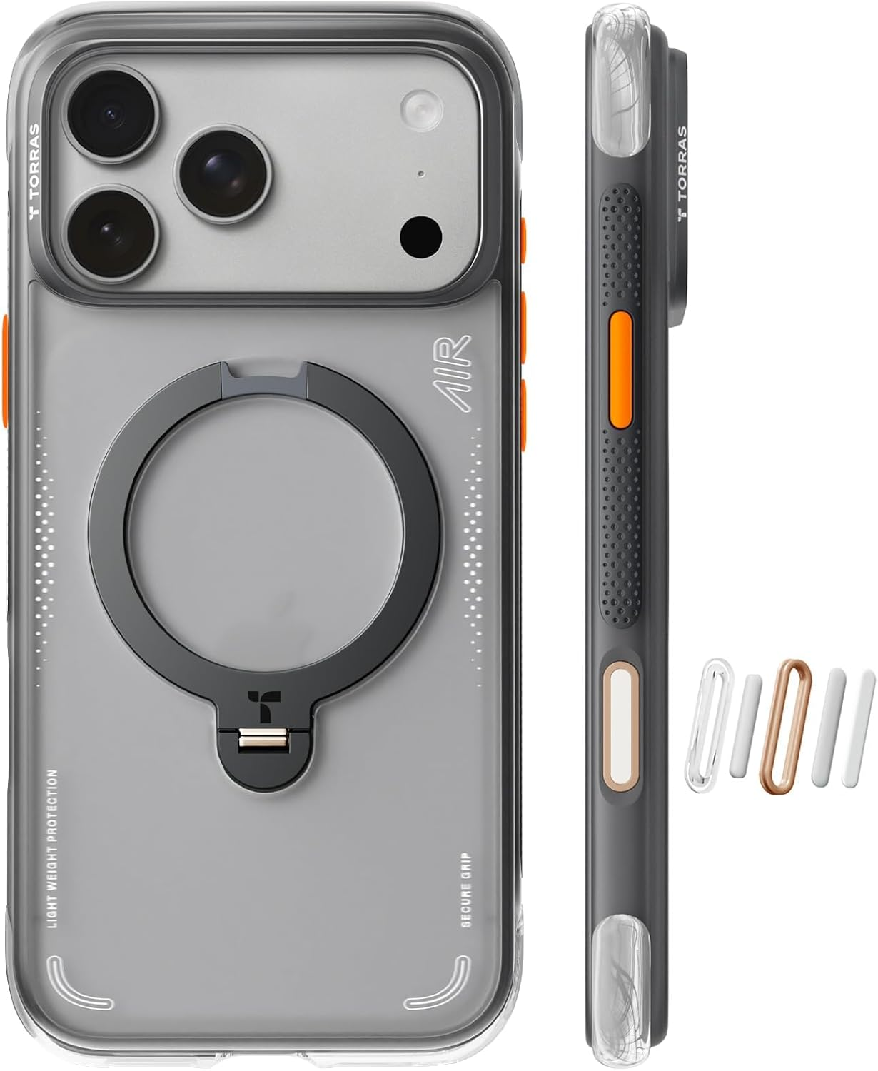 Funda de teléfono transparente con soporte de anillo y detalles naranjas.