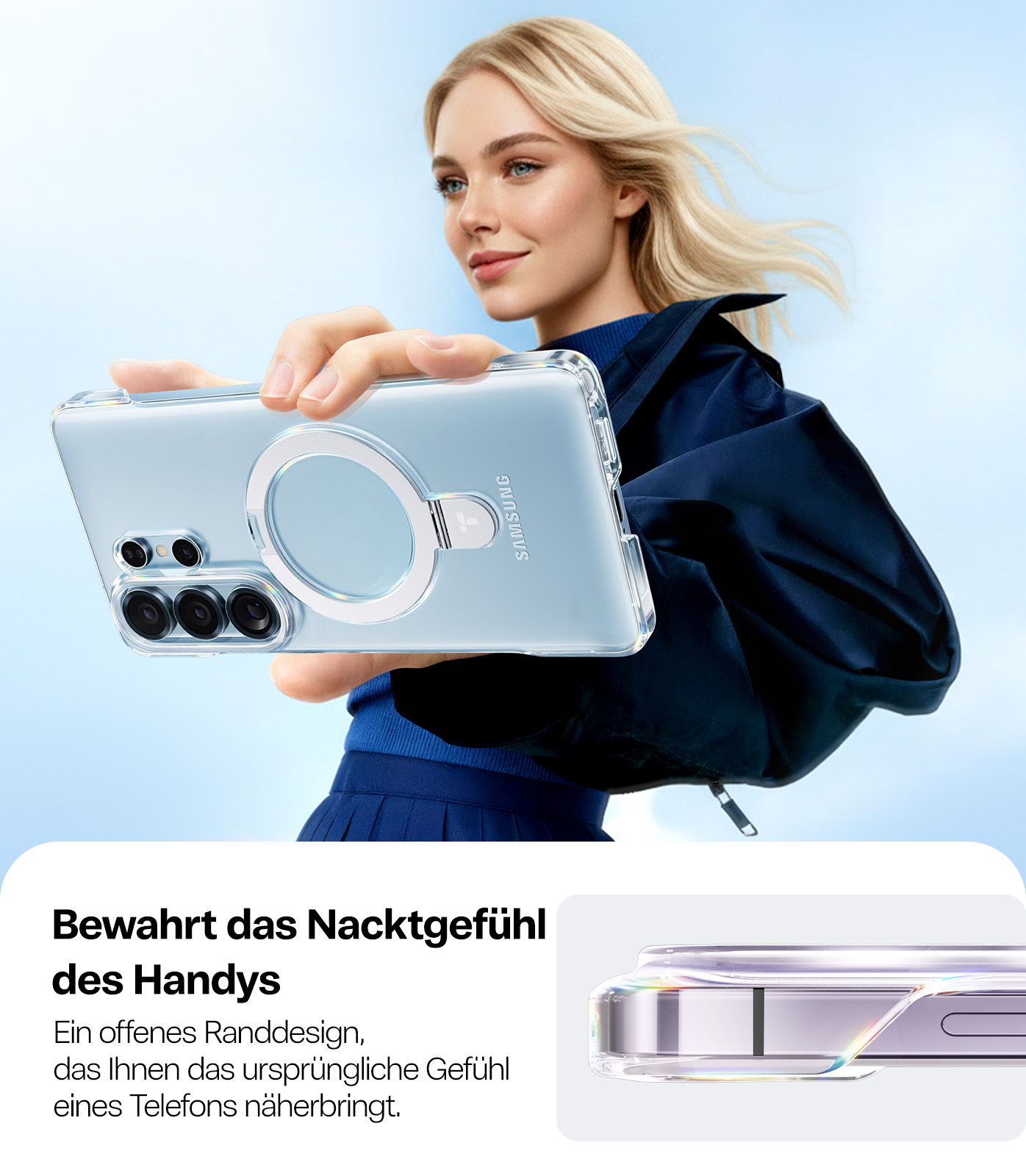Une femme tient un téléphone transparent avec support anneau devant un ciel lumineux.