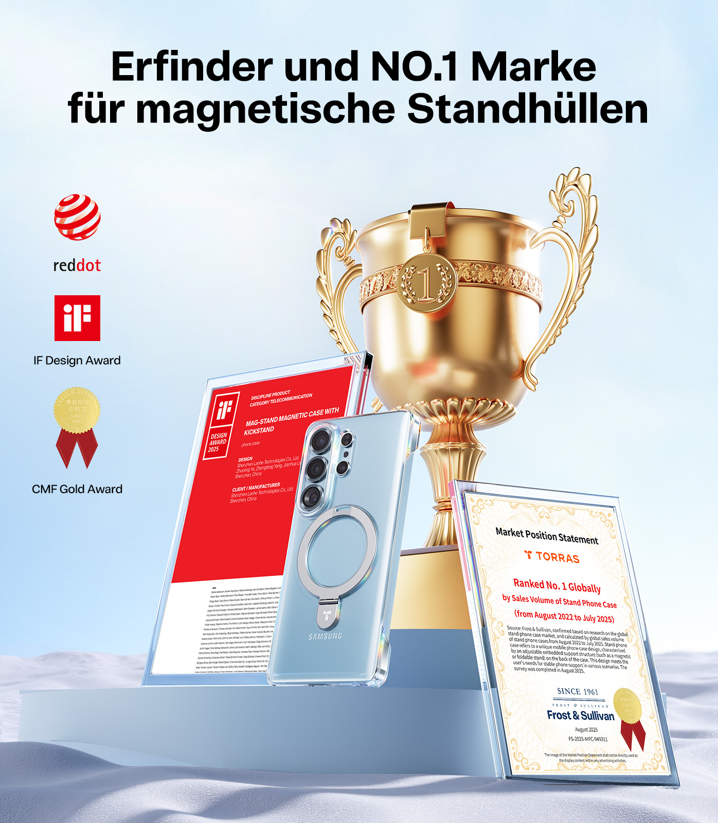 Trophée doré, prix, coque de téléphone et certificats.