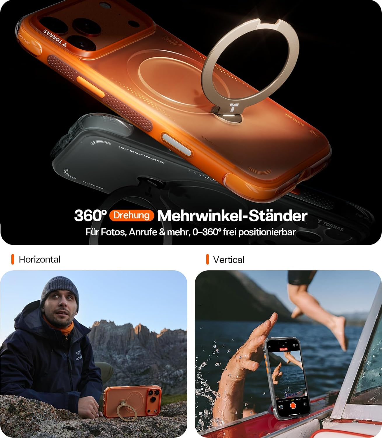 Funda naranja para teléfono con soporte de anillo horizontal y vertical.
