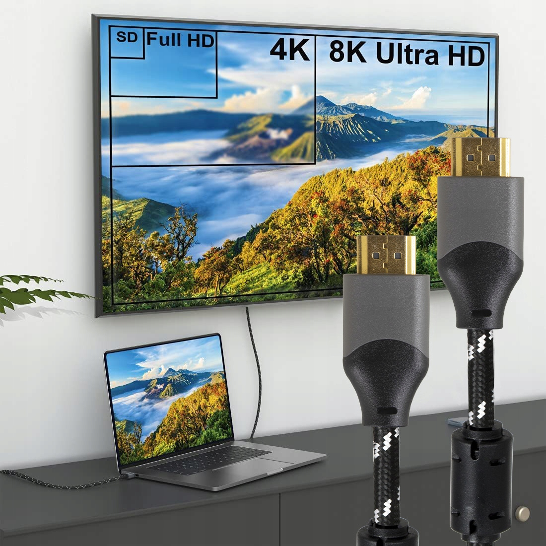 Duży telewizor pokazuje krajobraz 4K/8K, obok laptop i dwa kable HDMI.